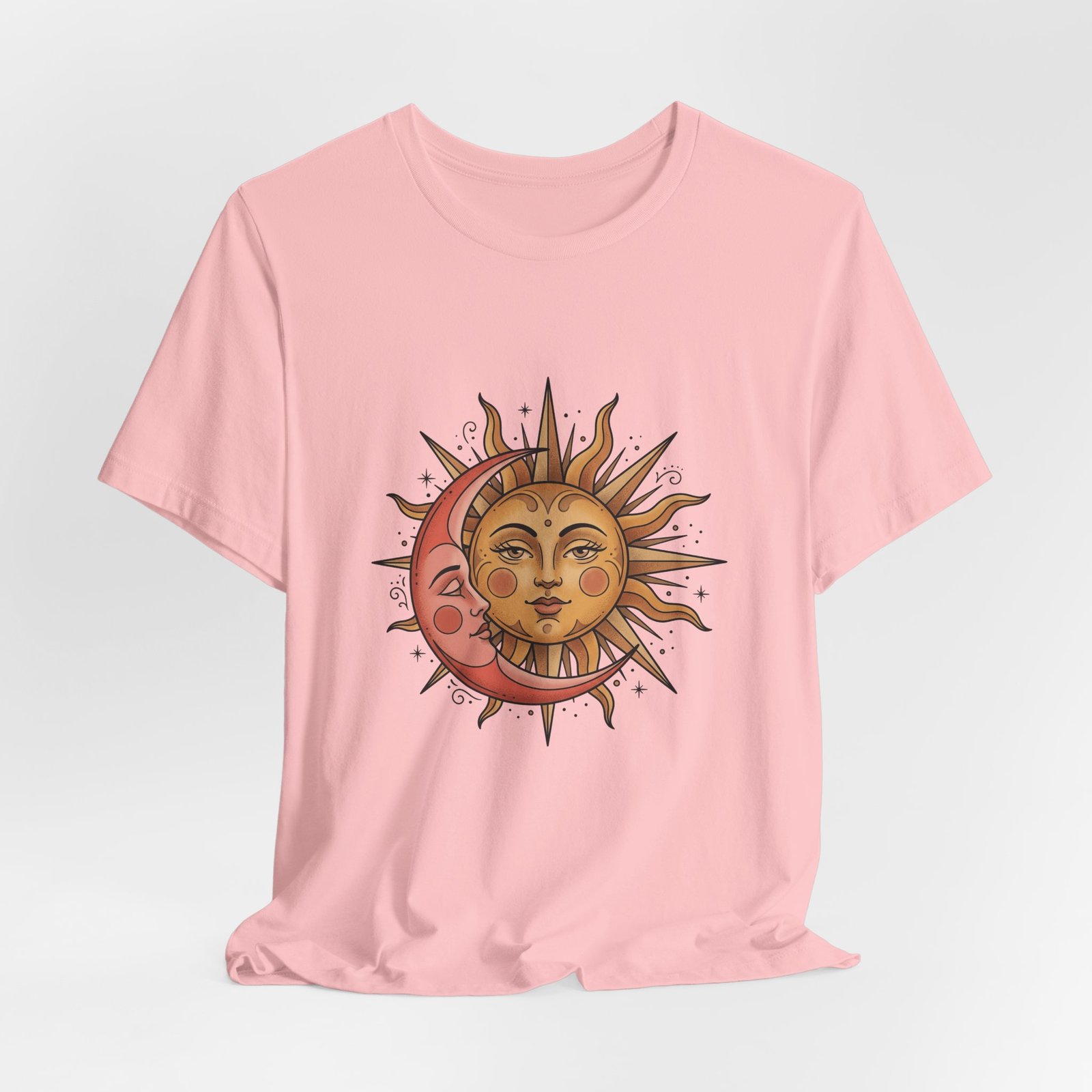 Sun Face Pink Crescent Moon Celestial Stars Graphic Tee - Image 44