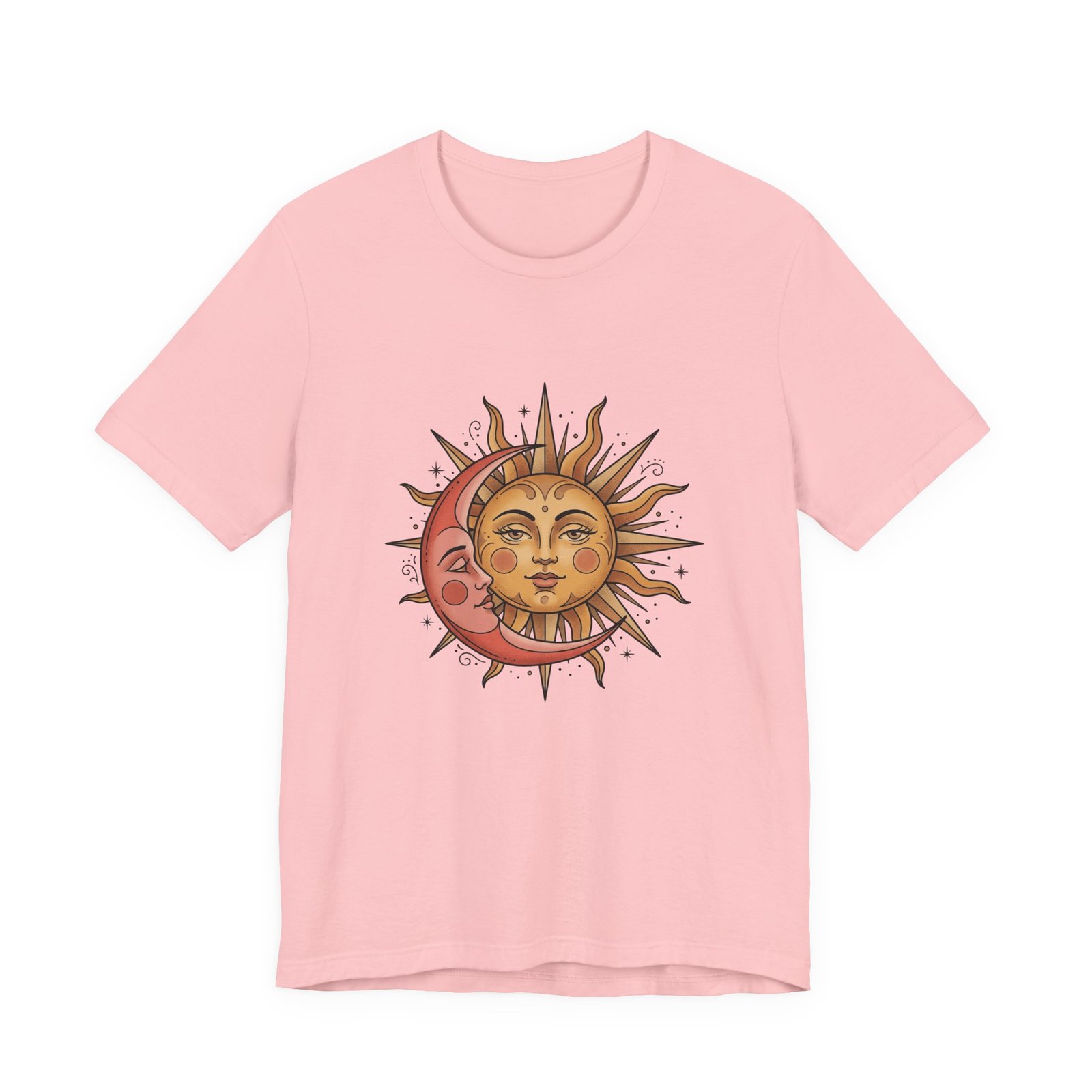 Sun Face Pink Crescent Moon Celestial Stars Graphic Tee - Image 41