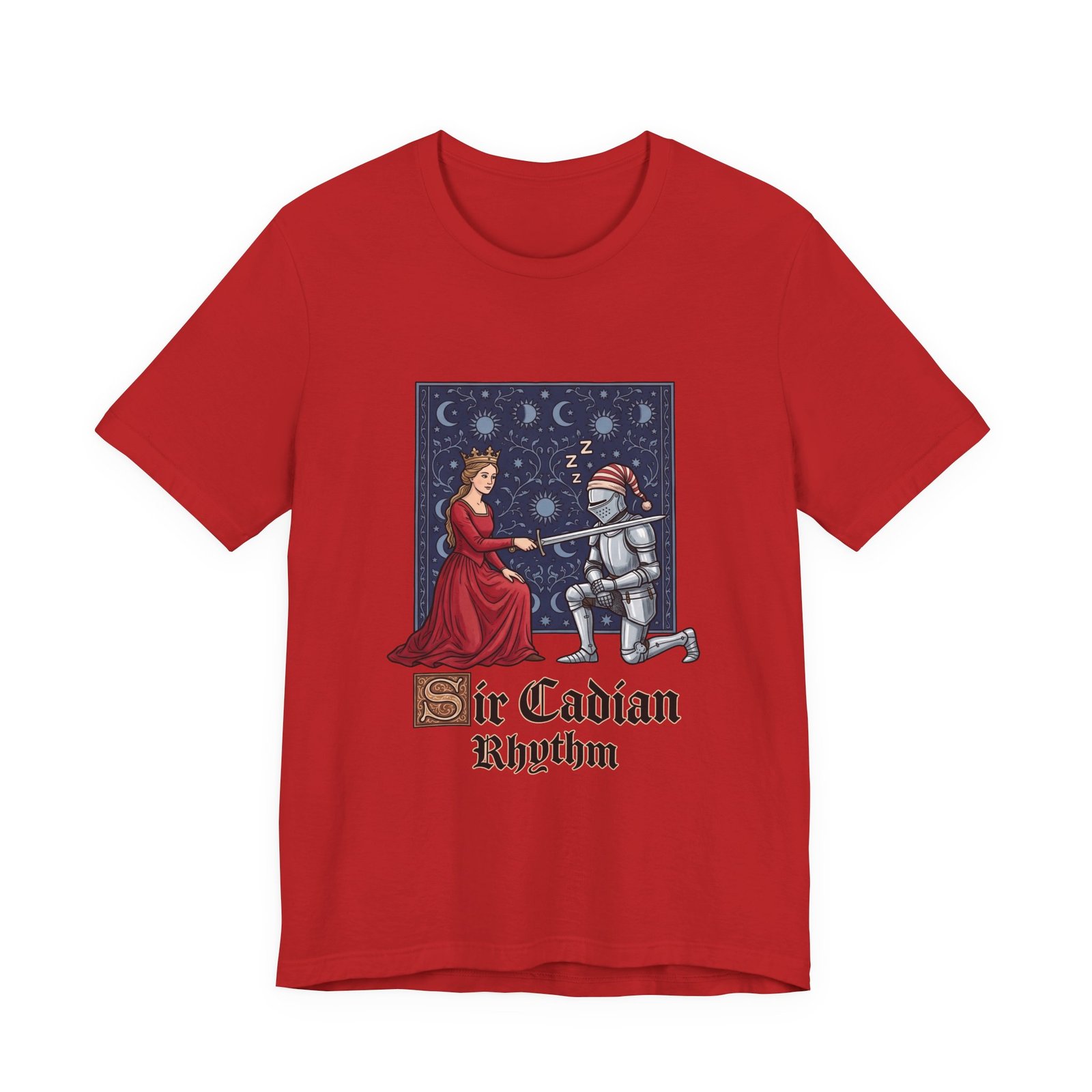 Sleepy Medieval Circadian Knight Humor Graphic Tee - Image 45