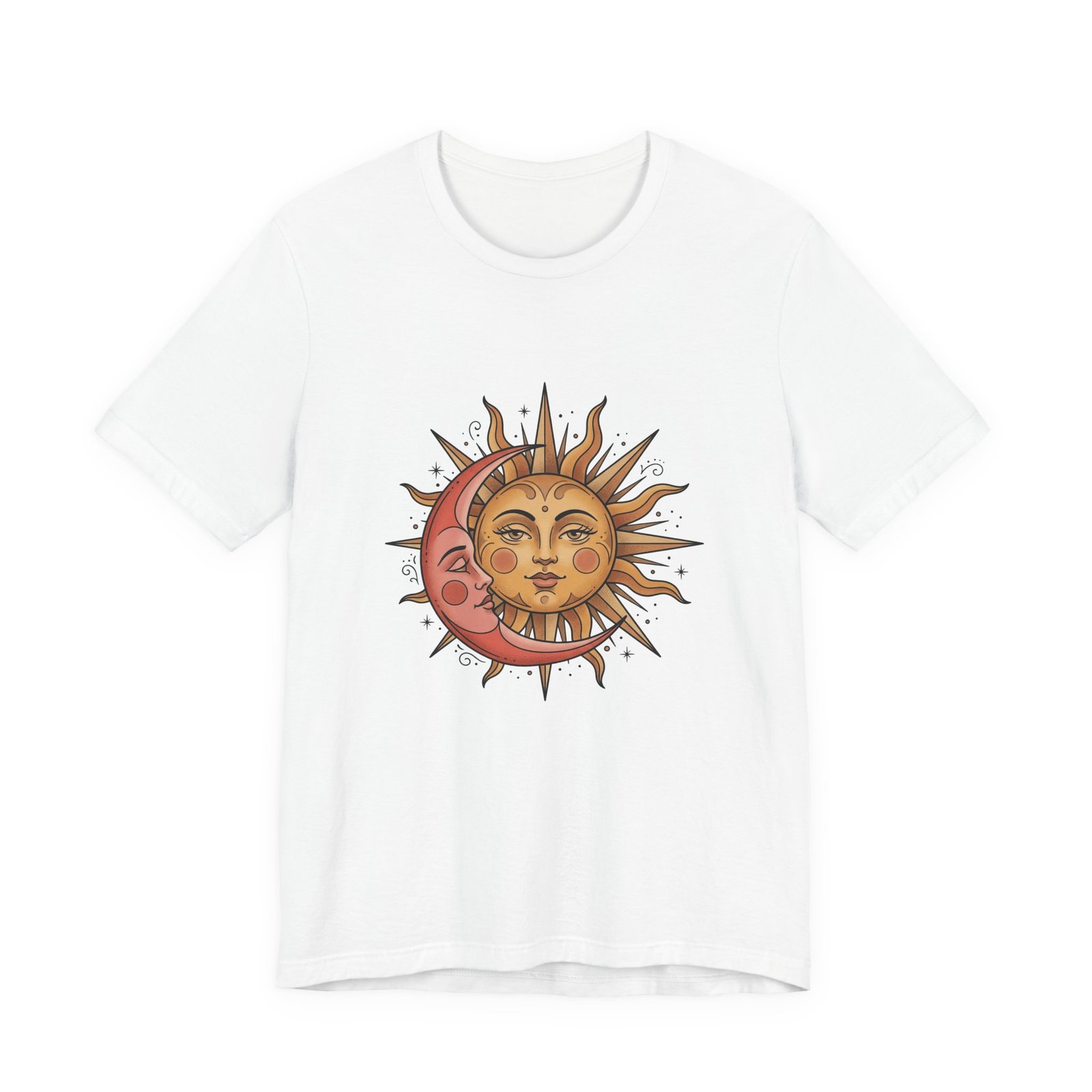 Sun Face Pink Crescent Moon Celestial Stars Graphic Tee