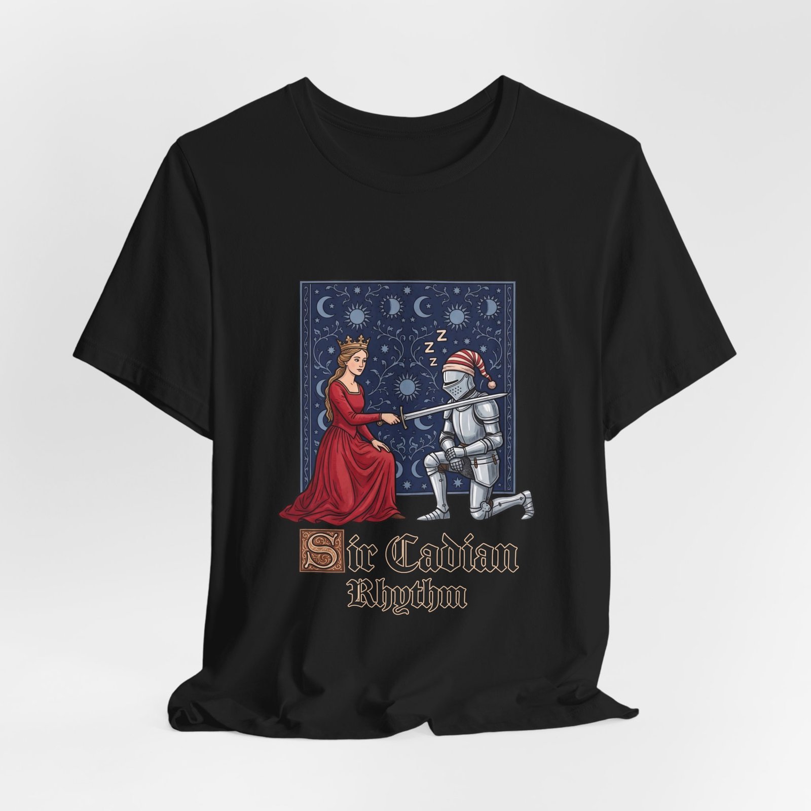 Sleepy Medieval Circadian Knight Humor Graphic Tee - Image 16