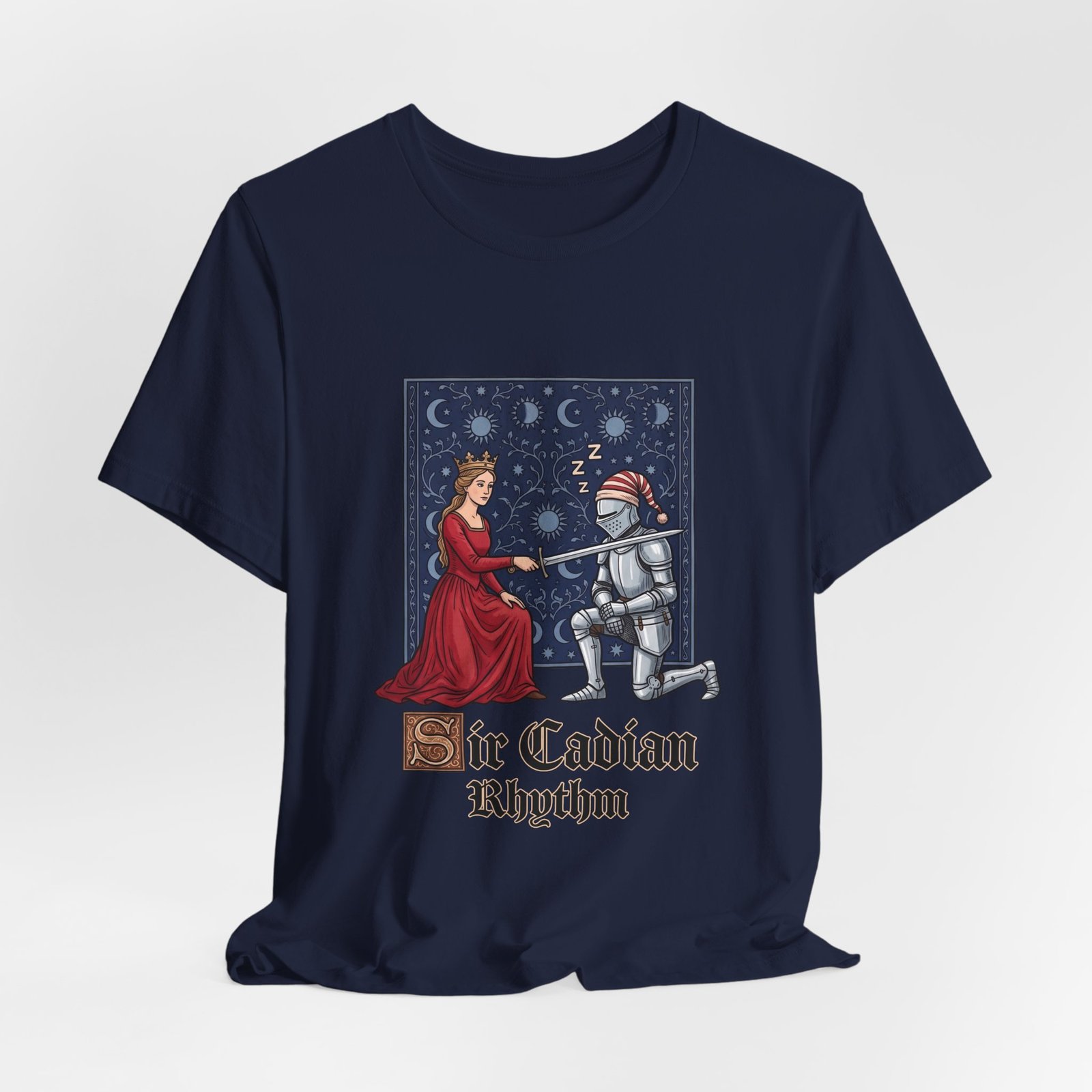Sleepy Medieval Circadian Knight Humor Graphic Tee - Image 36