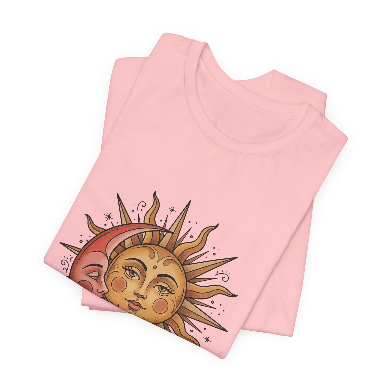 Sun Face Pink Crescent Moon Celestial Stars Graphic Tee - Image 43