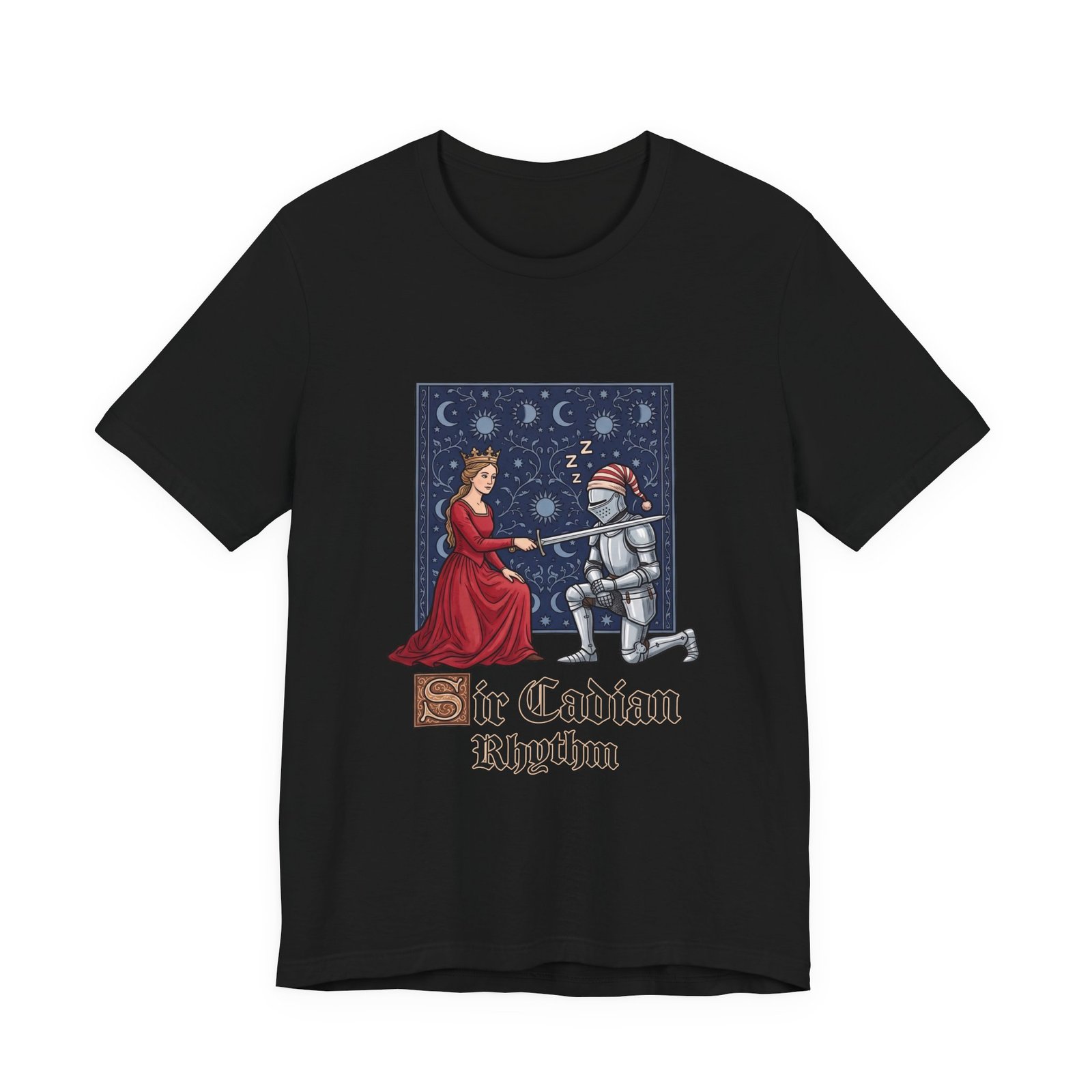 Sleepy Medieval Circadian Knight Humor Graphic Tee - Image 13