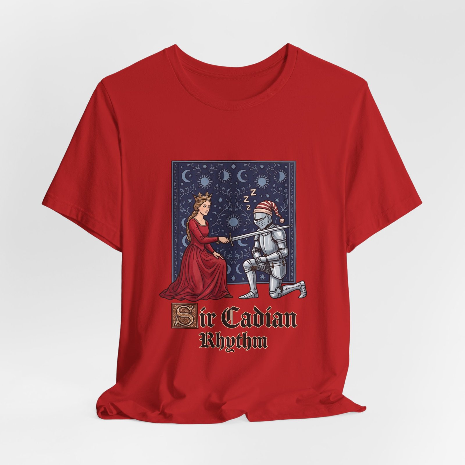 Sleepy Medieval Circadian Knight Humor Graphic Tee - Image 48