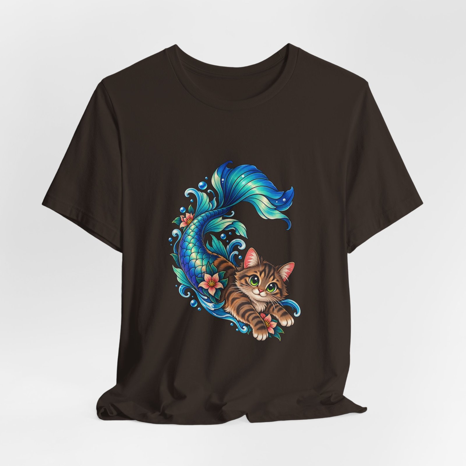 Cute Mermaid Cat Turquoise Tail Ocean Flowers Graphic Tee - Image 12