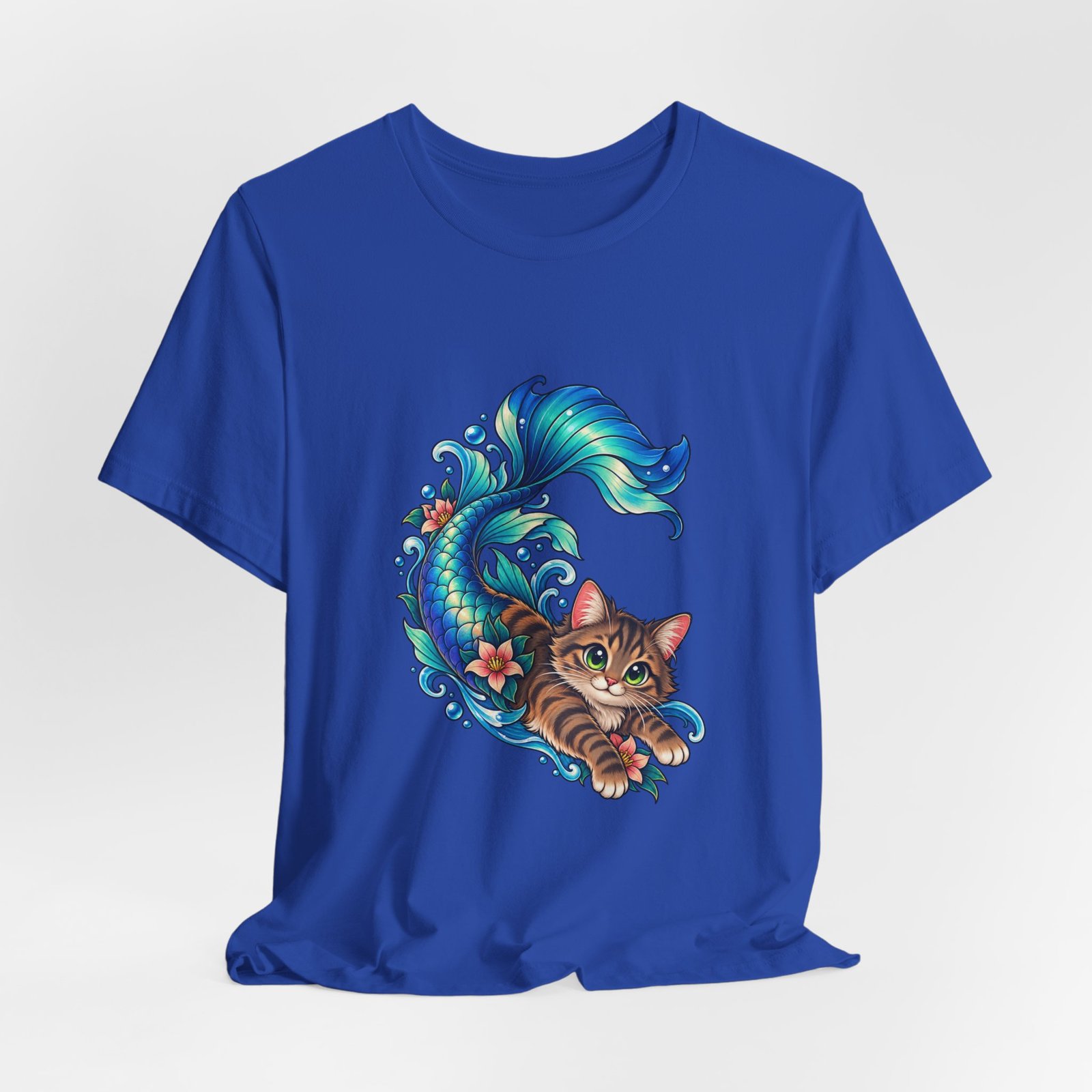 Cute Mermaid Cat Turquoise Tail Ocean Flowers Graphic Tee - Image 32