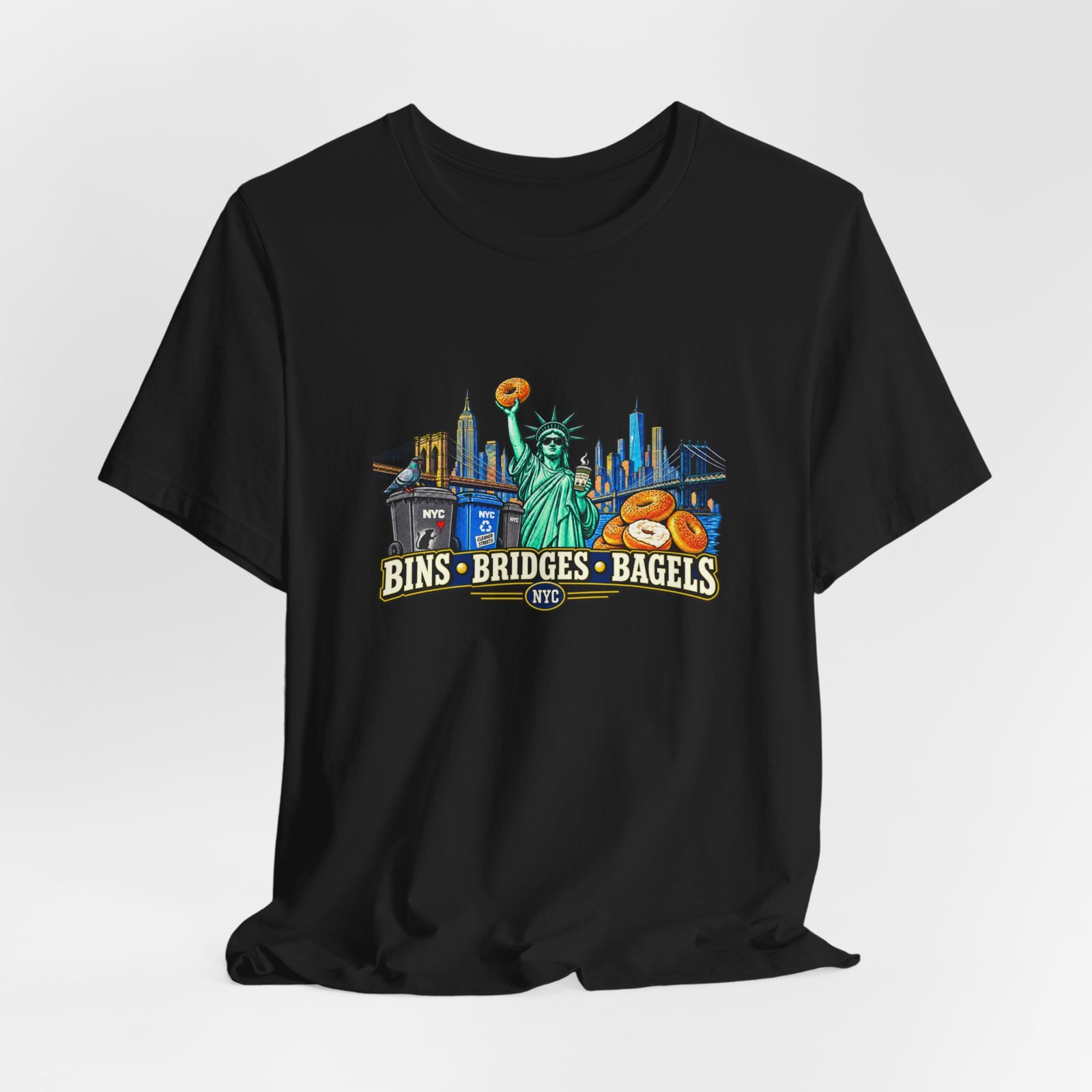 NYC Cleaner Streets Liberty Bagels Bridges Bins Graphic Tee - Image 16