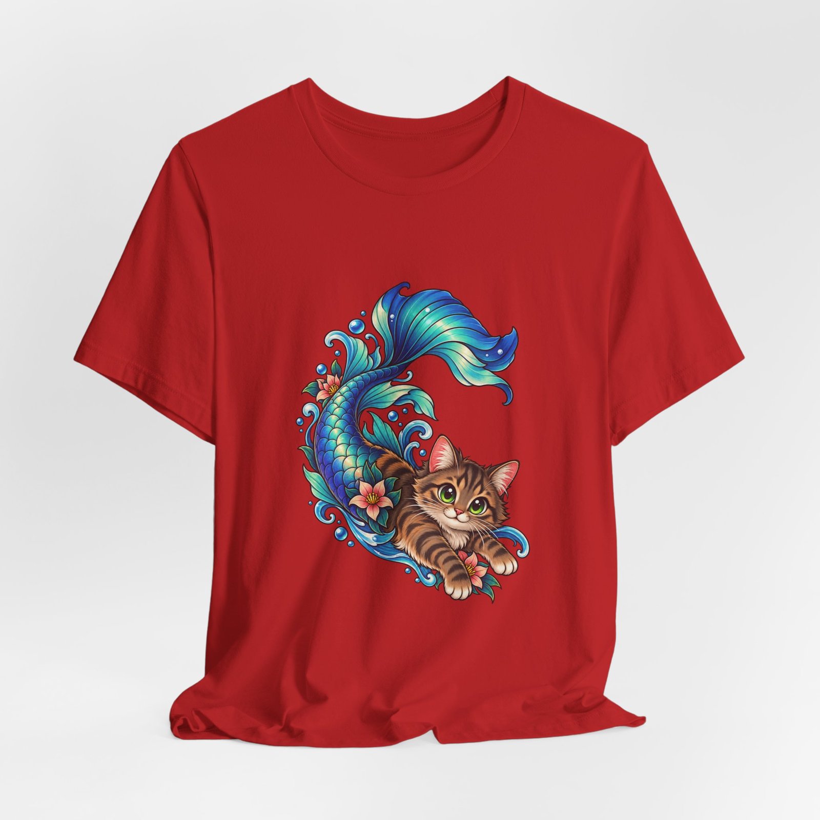 Cute Mermaid Cat Turquoise Tail Ocean Flowers Graphic Tee - Image 48