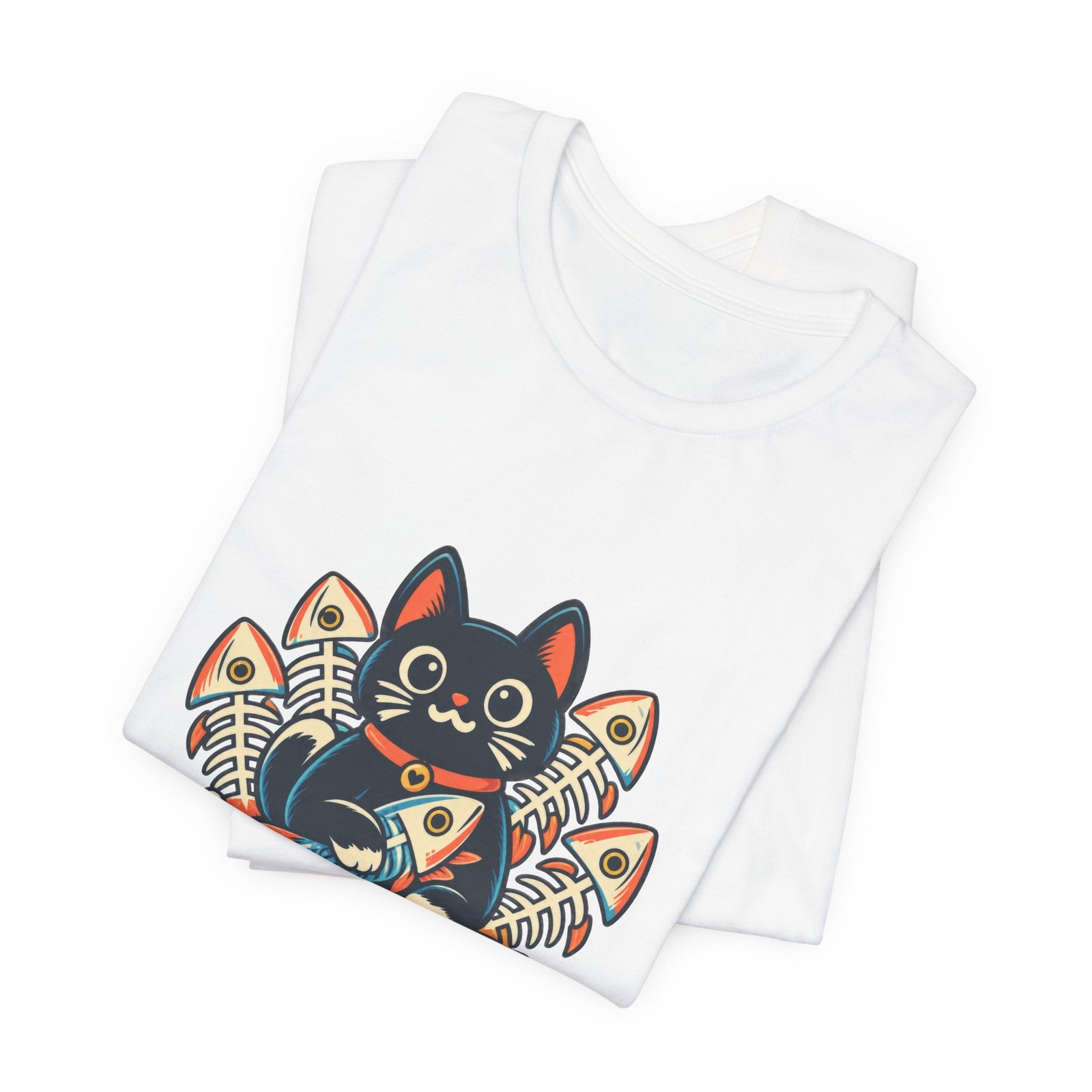 Cute Cat Sardine Fish Crate Cartoon Graphic Tee - Image 3