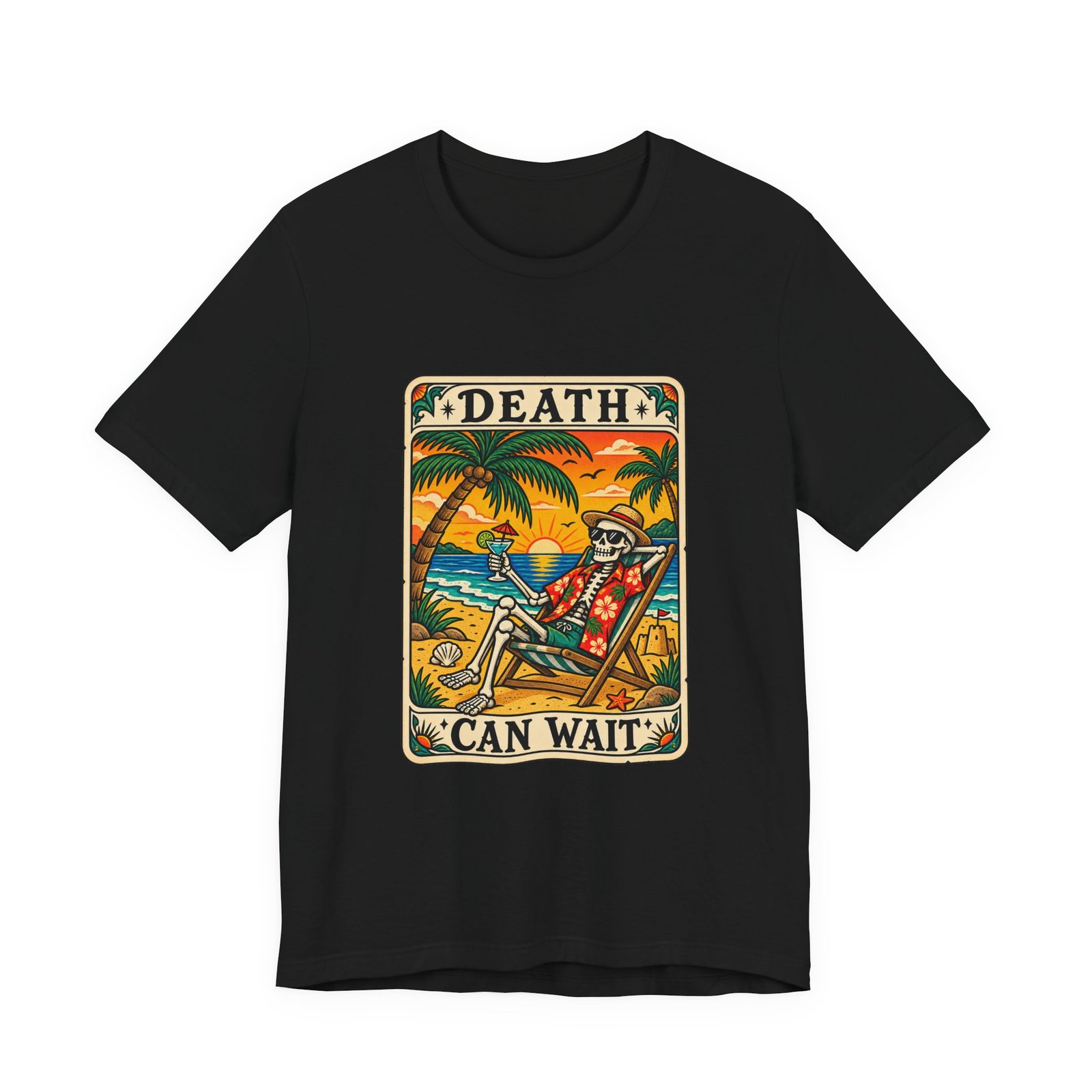 Beach Vacation Skeleton Tarot Card Humor Graphic Tee - Image 5
