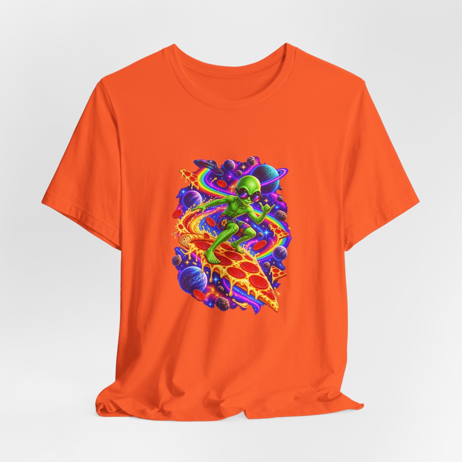 Cosmic Alien Pizza Surfer Graphic Tee - Image 8