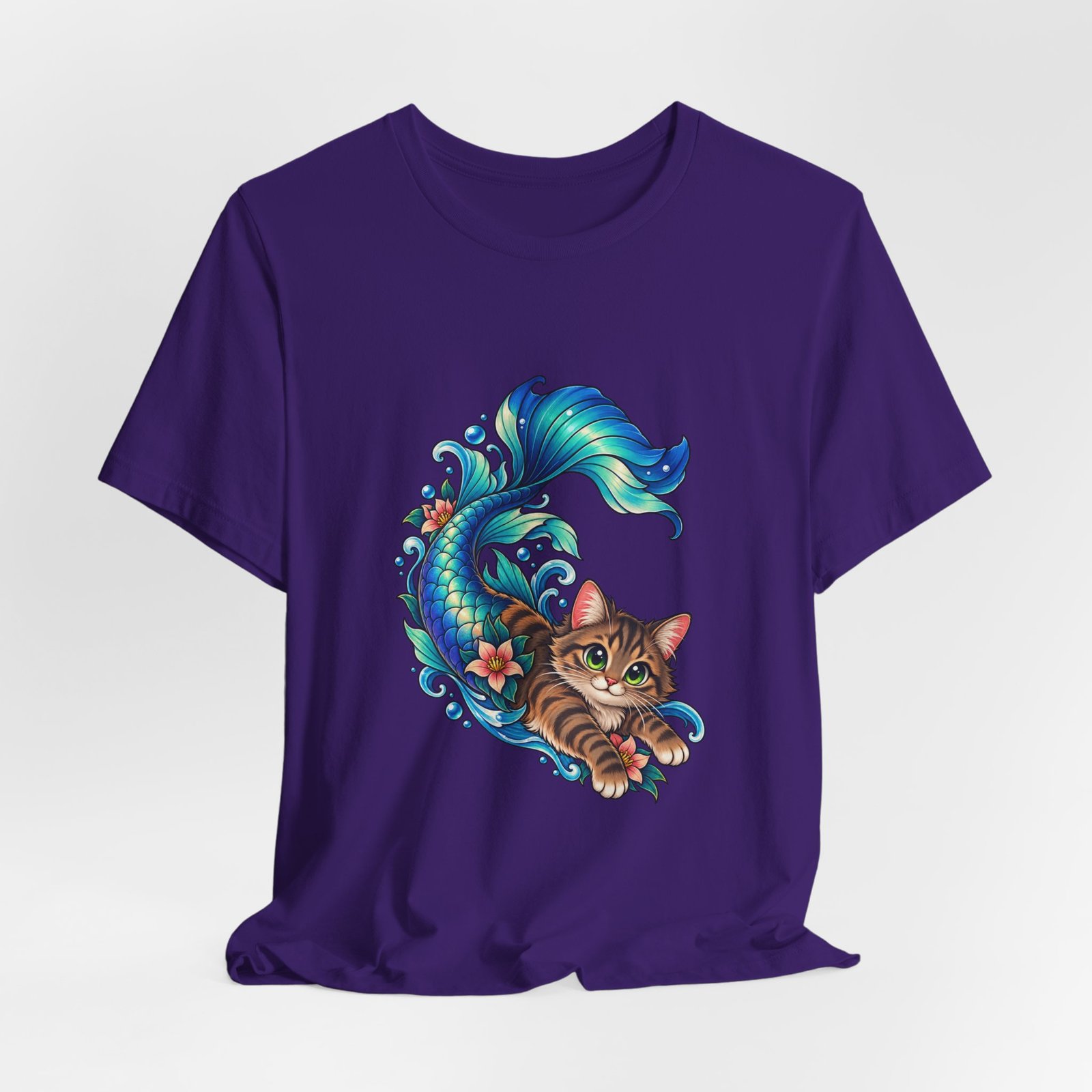 Cute Mermaid Cat Turquoise Tail Ocean Flowers Graphic Tee - Image 40