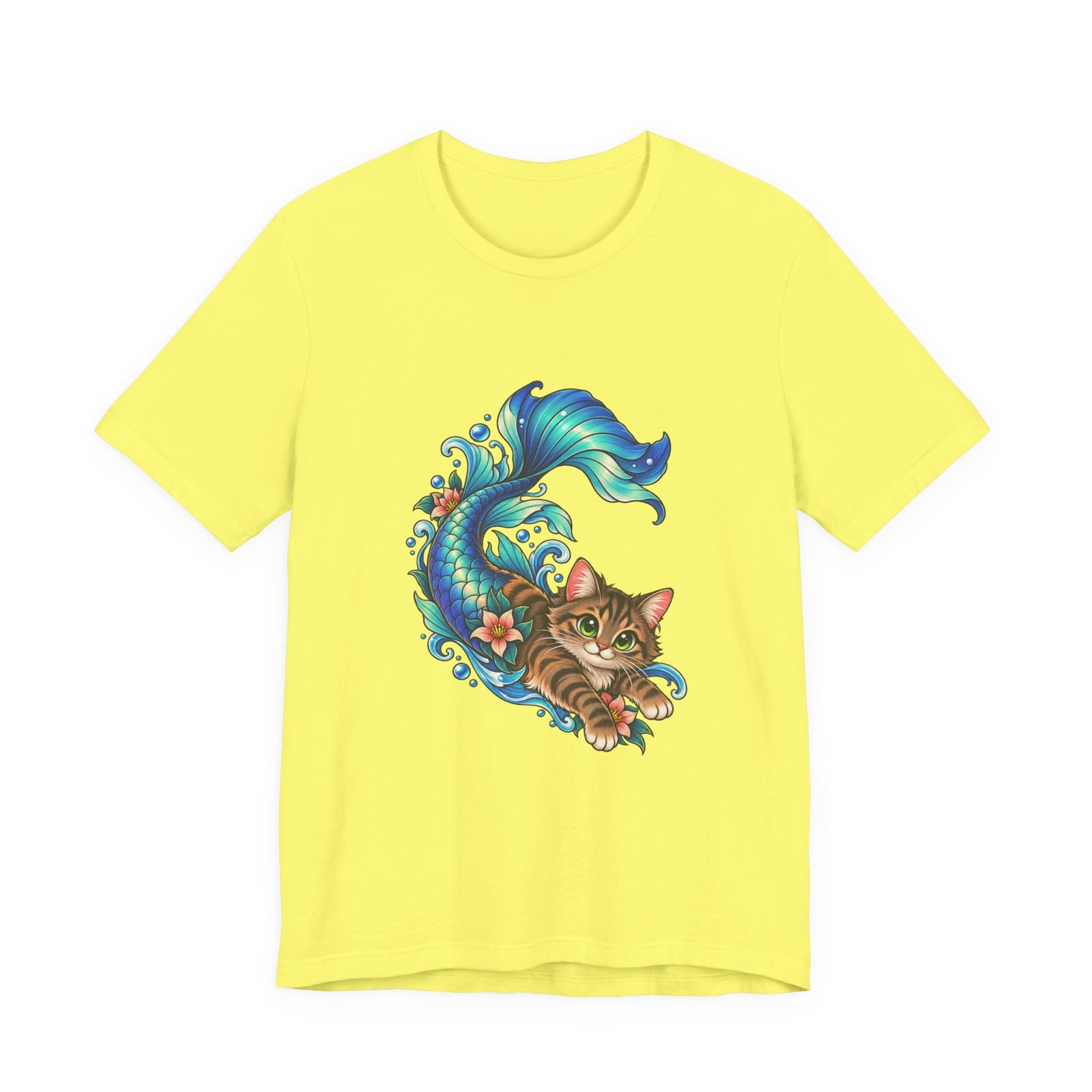 Cute Mermaid Cat Turquoise Tail Ocean Flowers Graphic Tee - Image 17