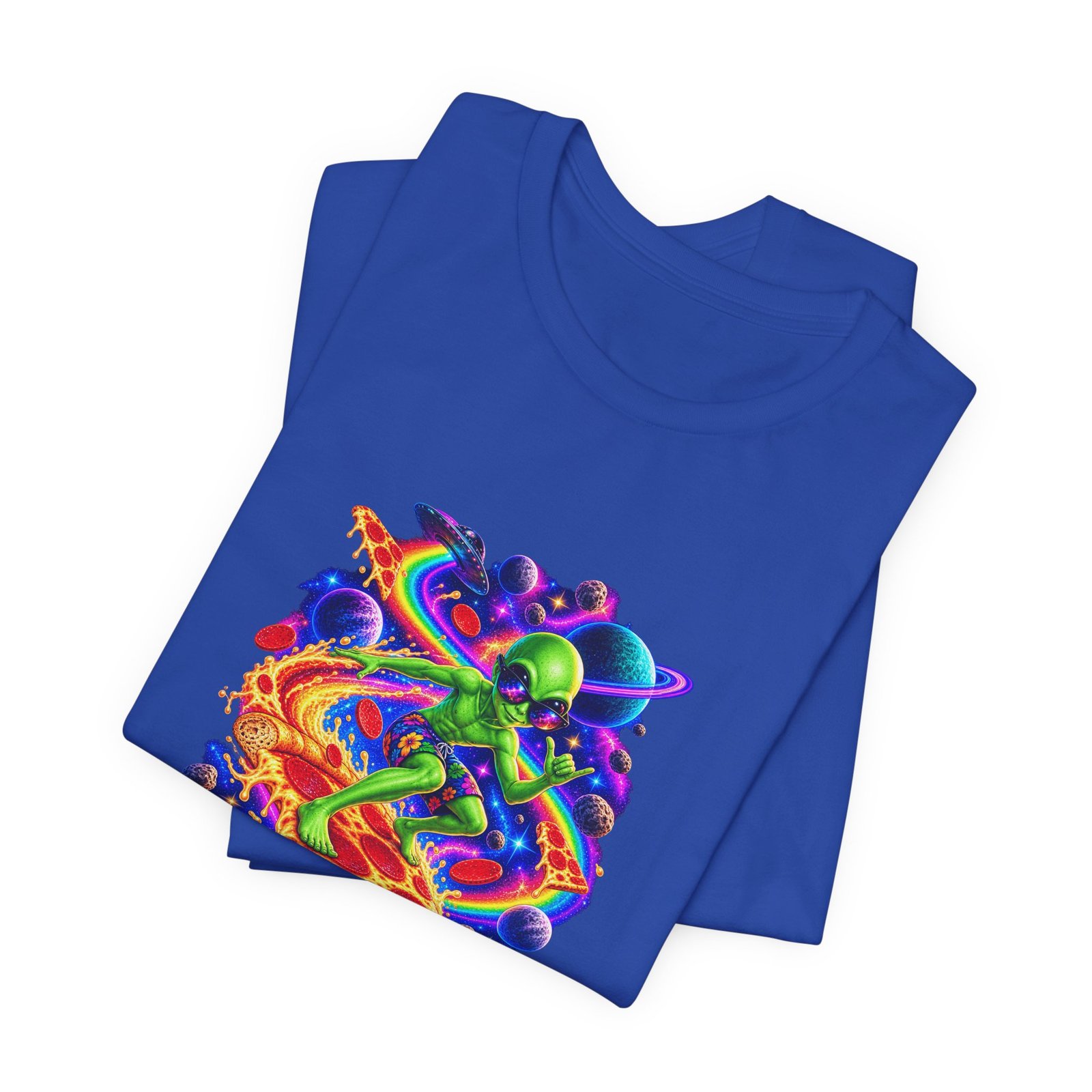Cosmic Alien Pizza Surfer Graphic Tee - Image 31
