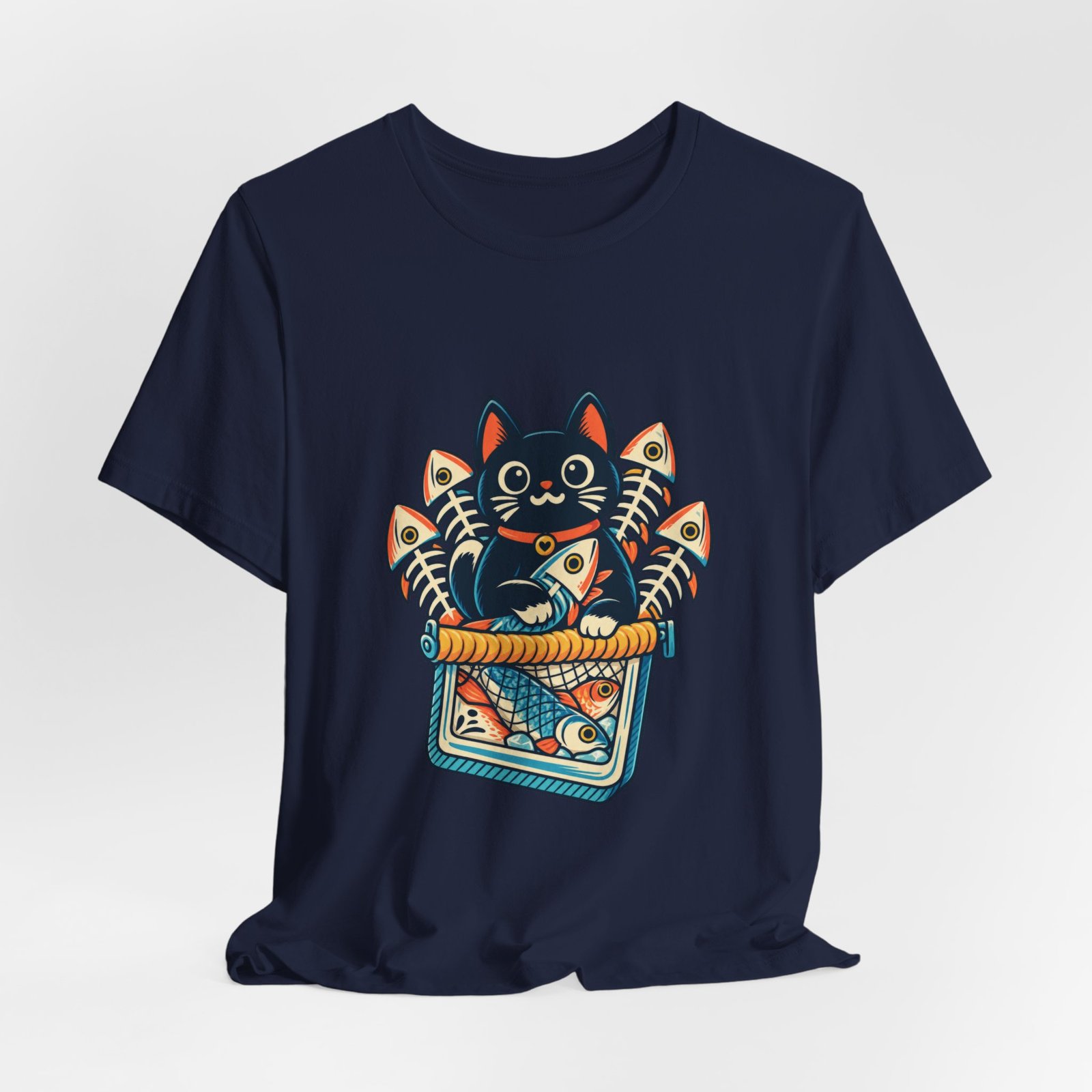 Cute Cat Sardine Fish Crate Cartoon Graphic Tee - Image 36