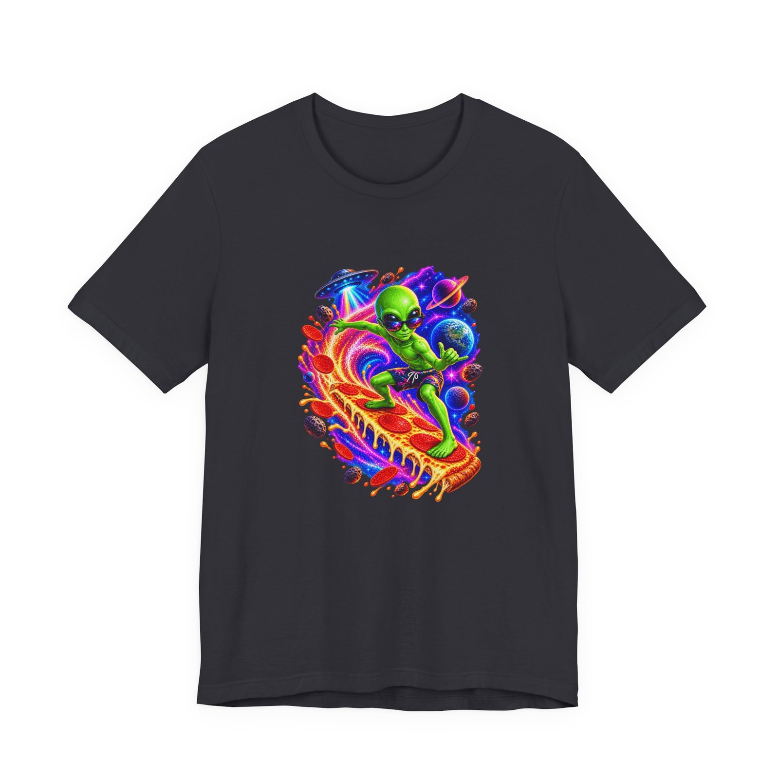 Alien Pizza Space Surfer Graphic Tee - Image 21