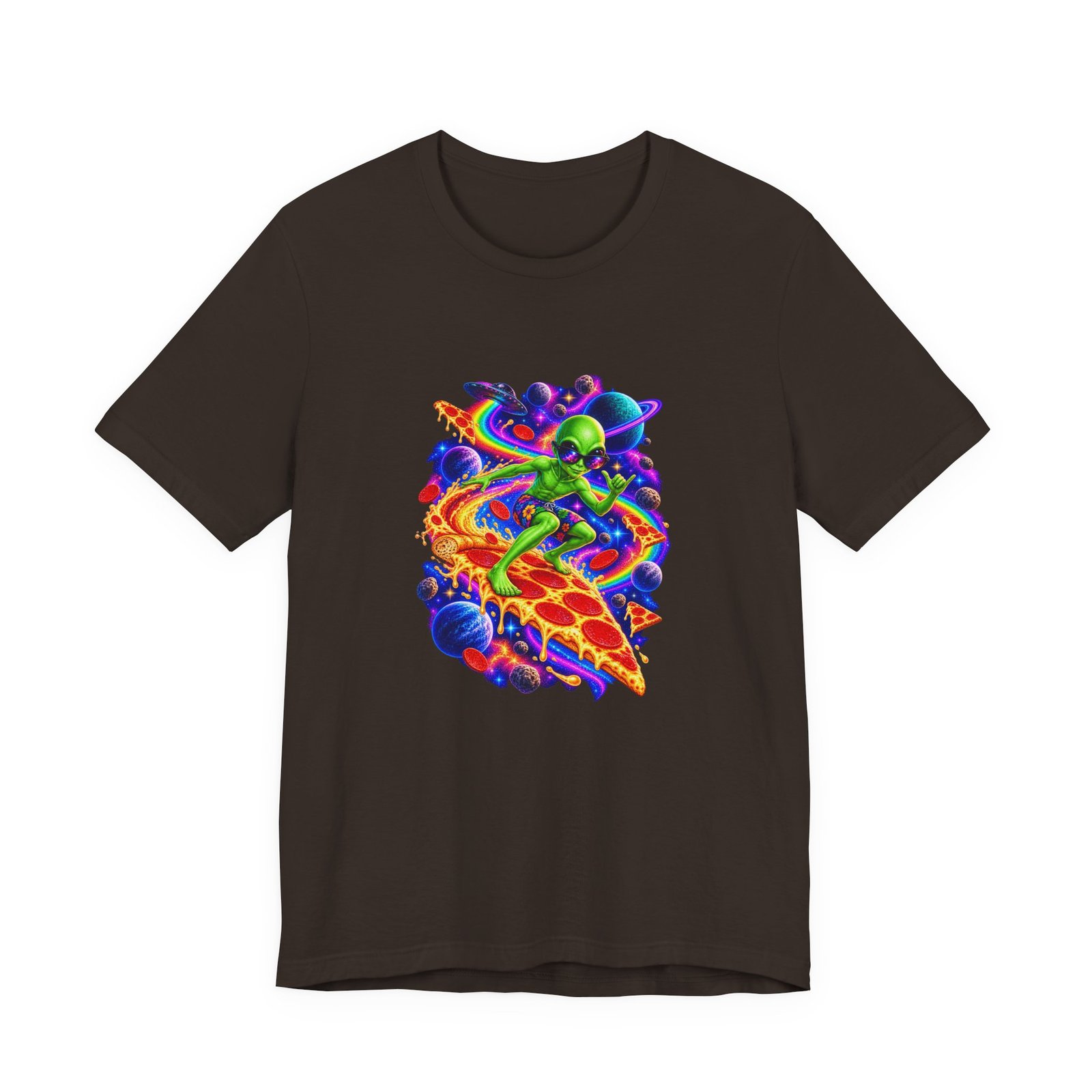 Cosmic Alien Pizza Surfer Graphic Tee - Image 9