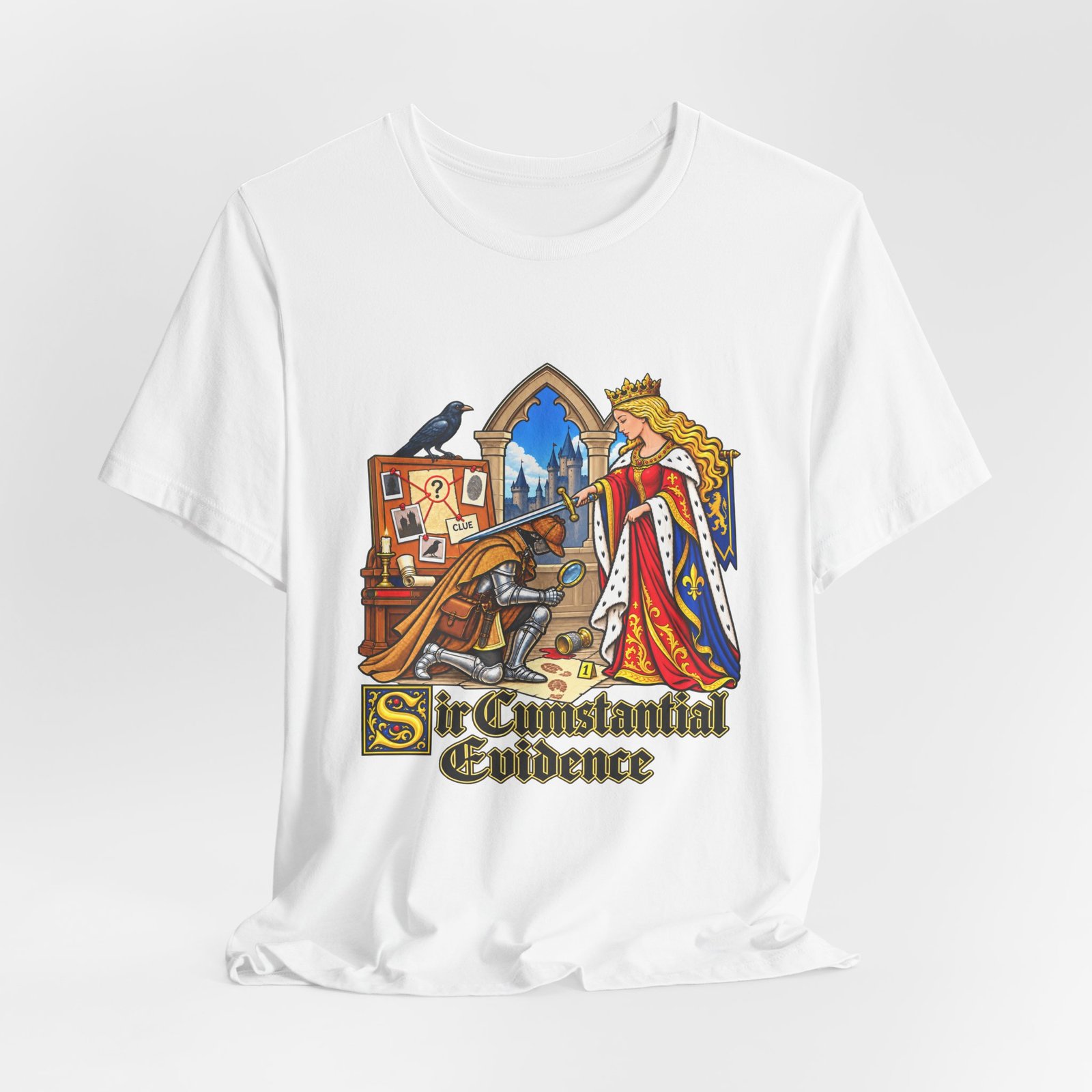 Sir Cumstantial Evidence Medieval Mystery Graphic Tee - Image 4