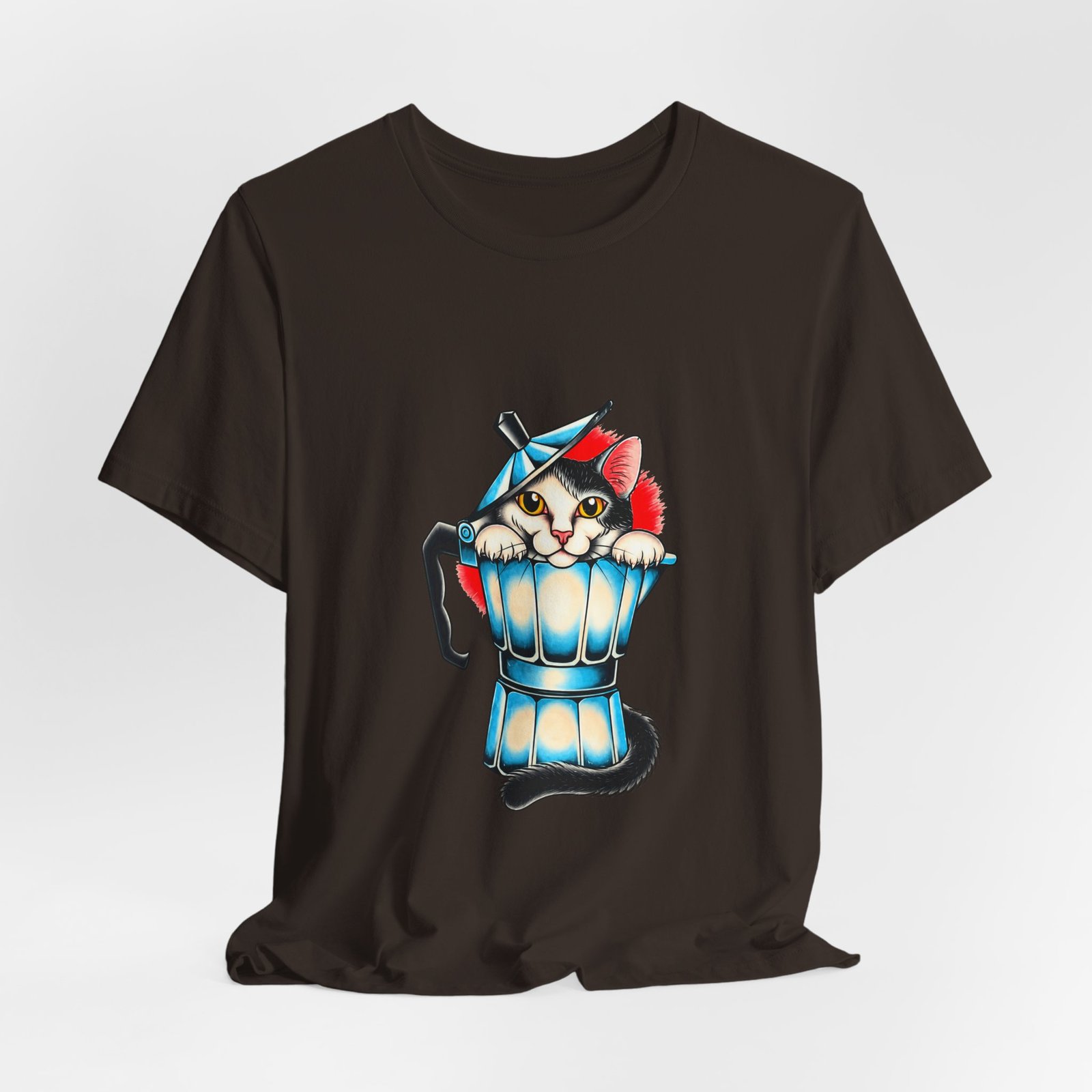 Cute Cat In Blue Moka Pot Coffee Lover Art Graphic Tee - Image 12