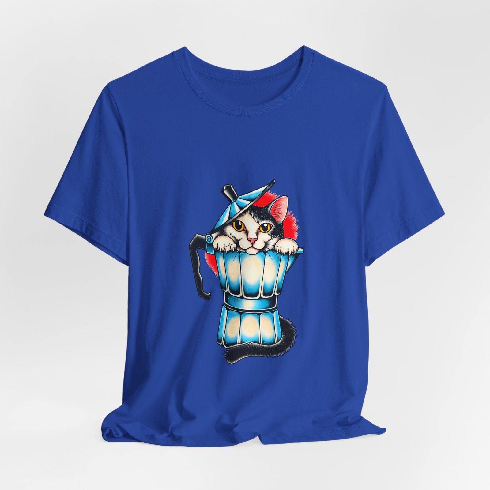 Cute Cat In Blue Moka Pot Coffee Lover Art Graphic Tee - Image 32