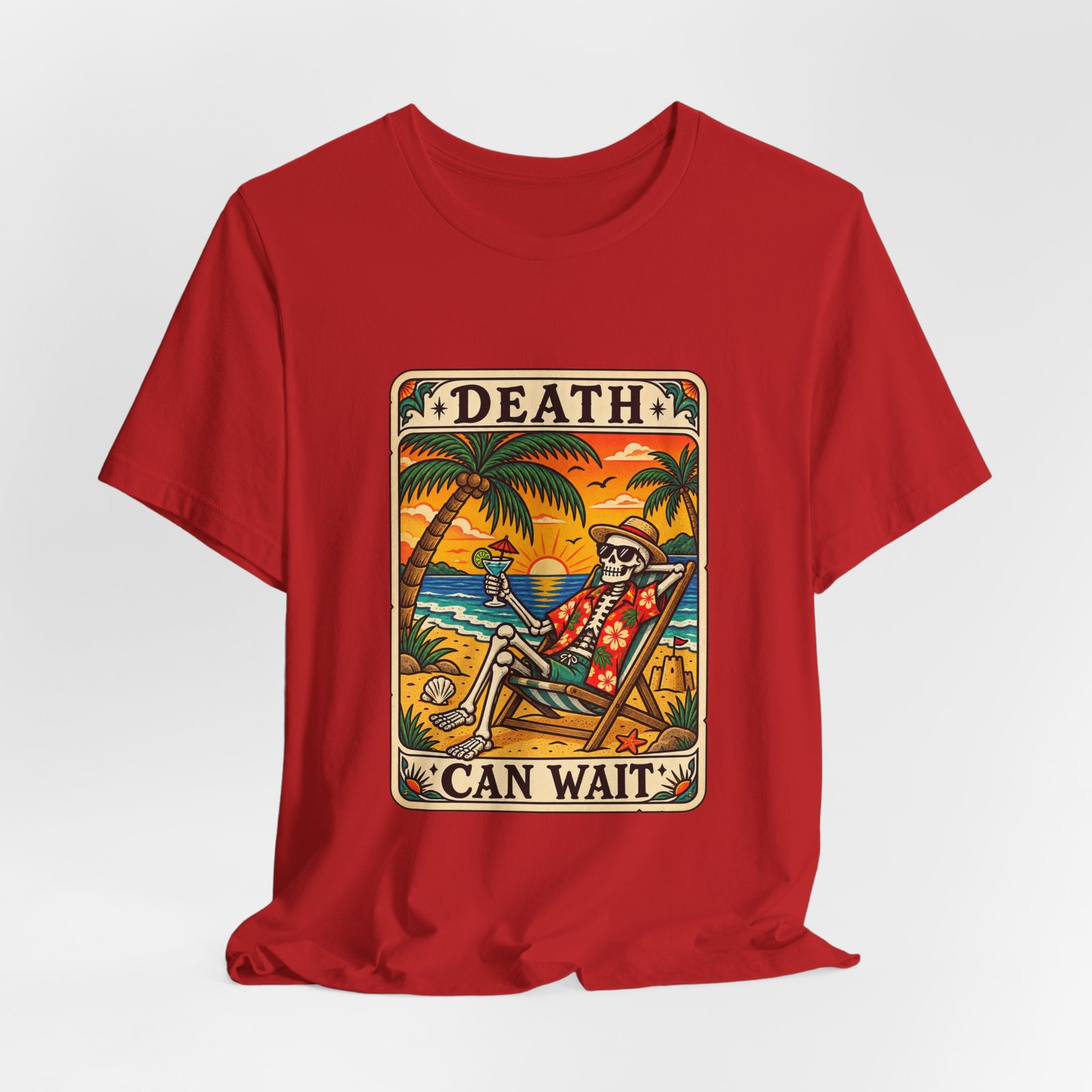 Beach Vacation Skeleton Tarot Card Humor Graphic Tee - Image 32