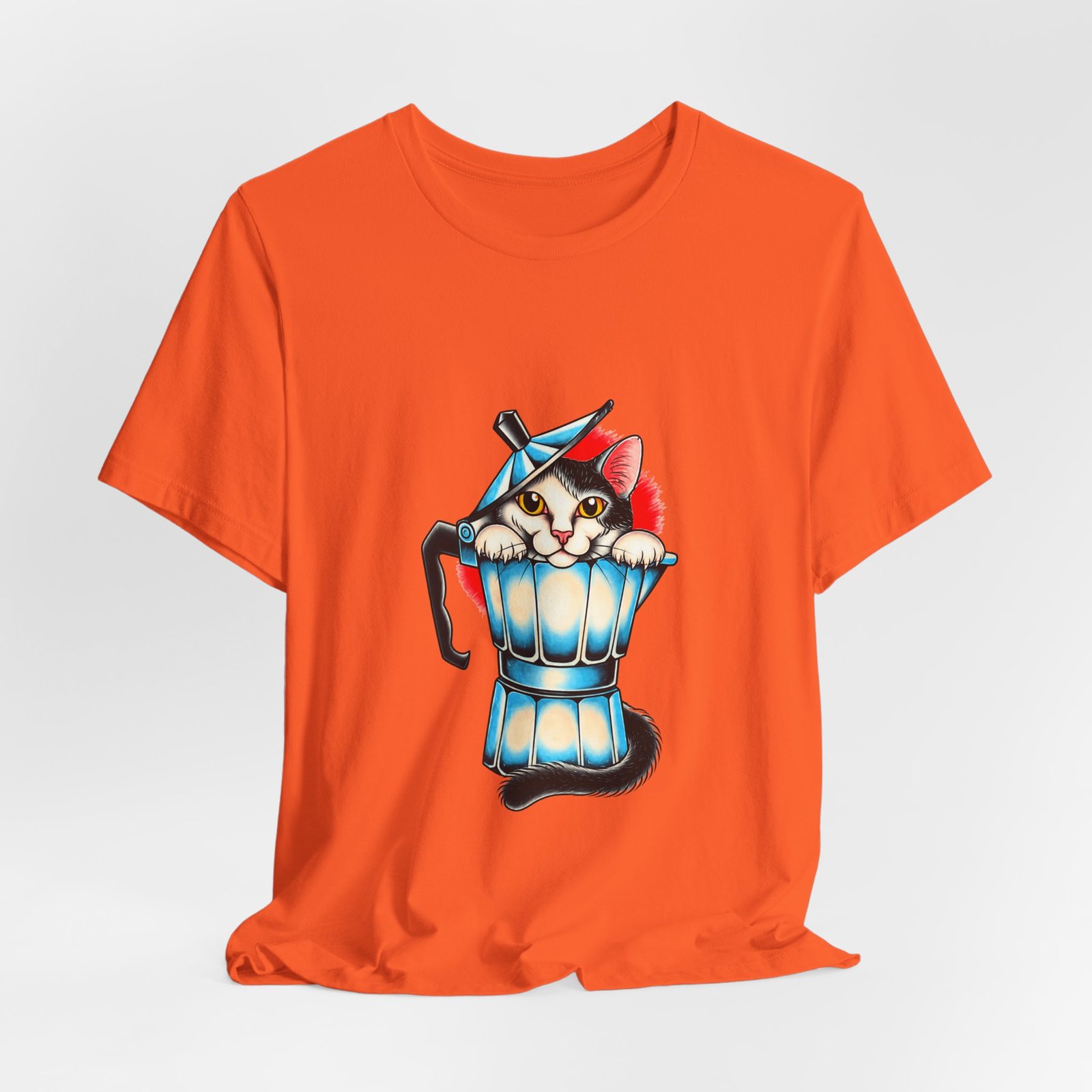 Cute Cat In Blue Moka Pot Coffee Lover Art Graphic Tee - Image 8