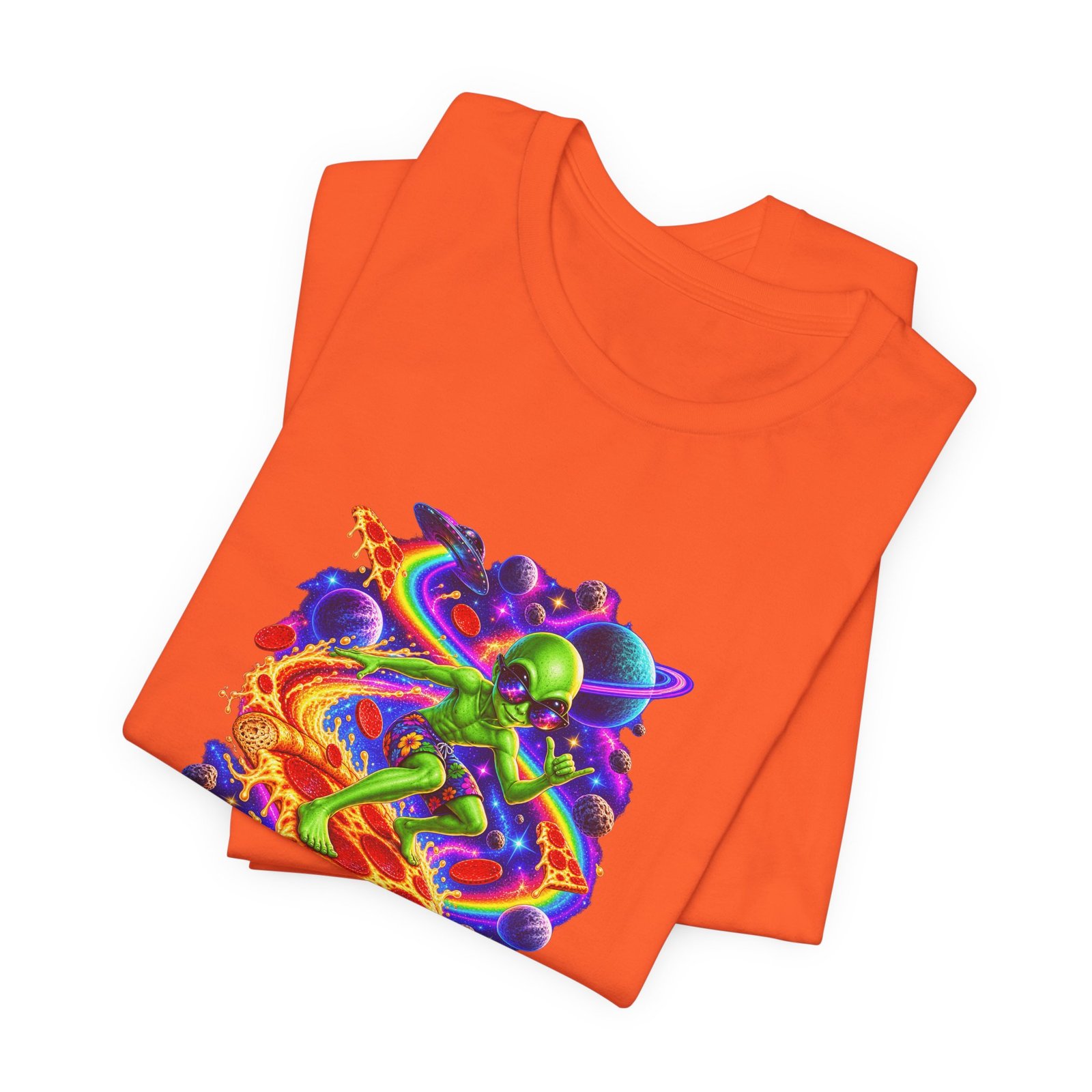 Cosmic Alien Pizza Surfer Graphic Tee - Image 7