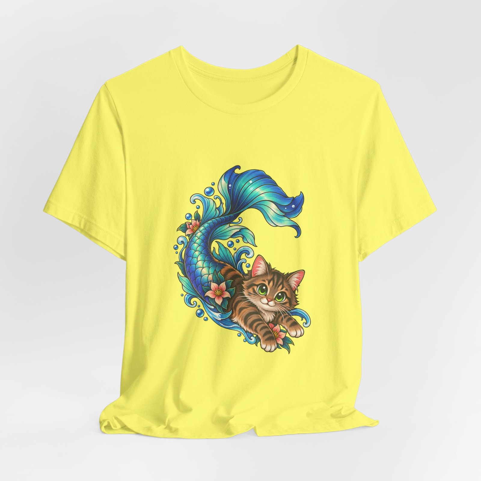 Cute Mermaid Cat Turquoise Tail Ocean Flowers Graphic Tee - Image 20