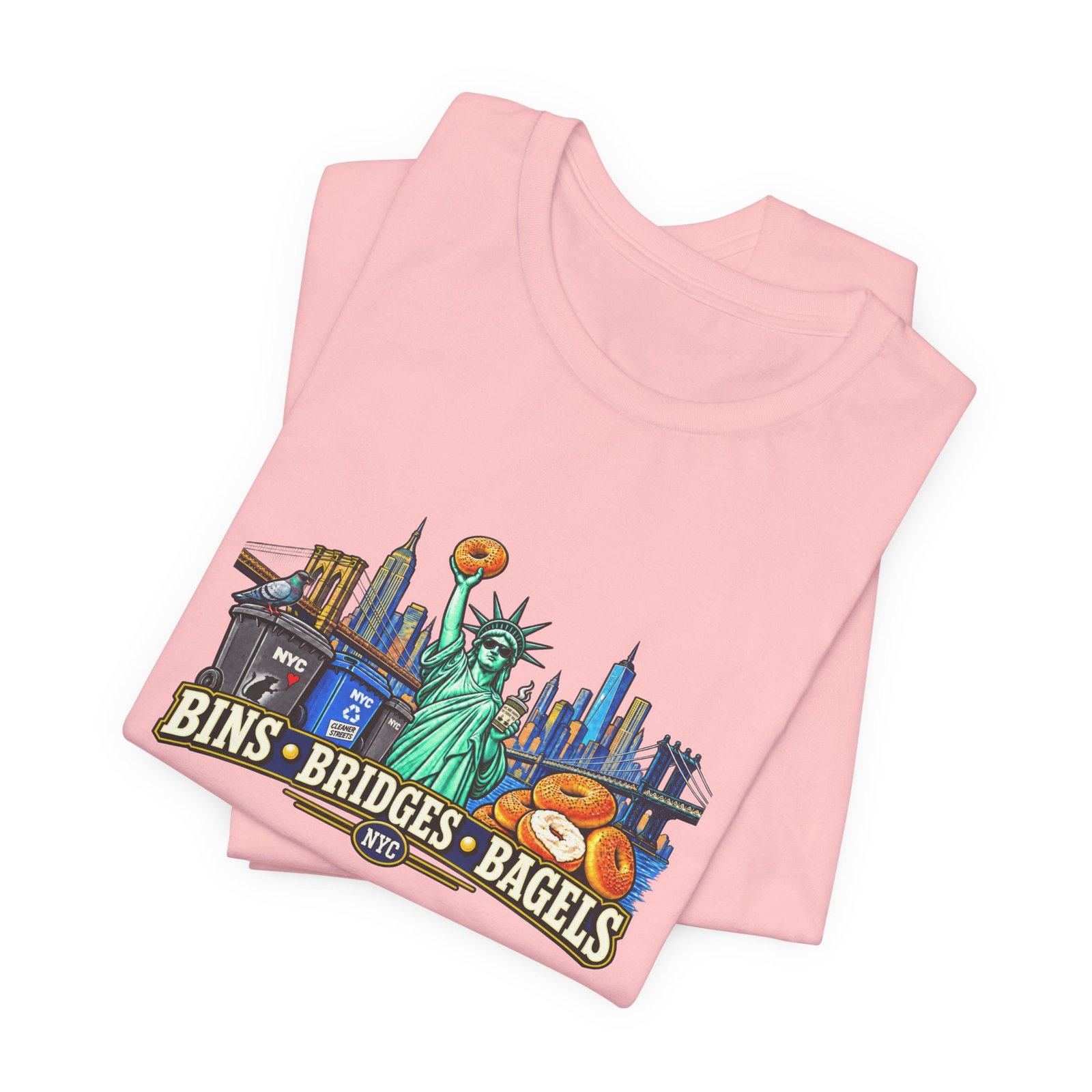 NYC Cleaner Streets Liberty Bagels Bridges Bins Graphic Tee - Image 43