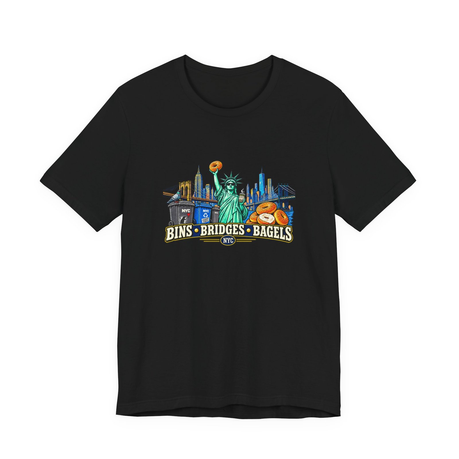 NYC Cleaner Streets Liberty Bagels Bridges Bins Graphic Tee - Image 13
