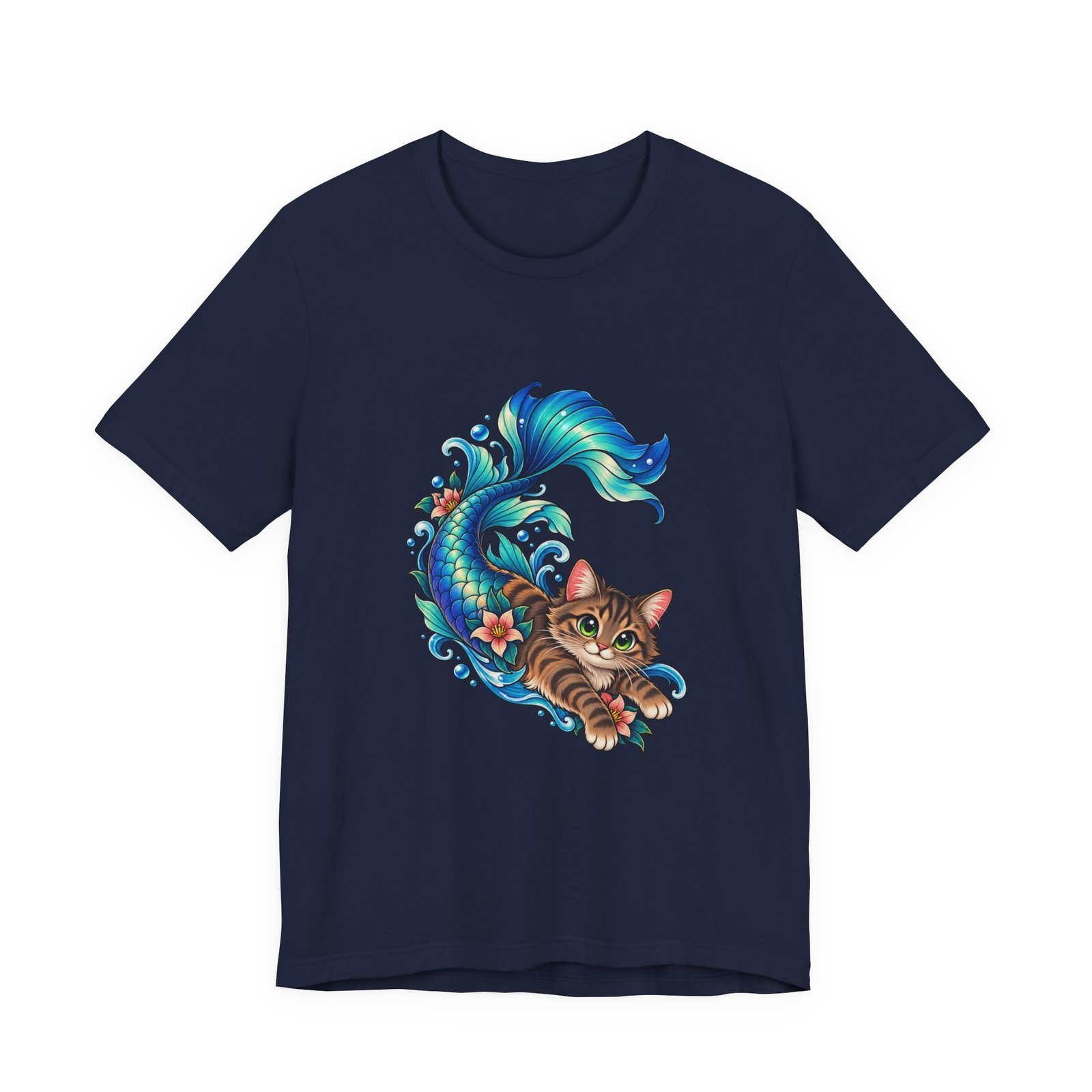 Cute Mermaid Cat Turquoise Tail Ocean Flowers Graphic Tee - Image 33
