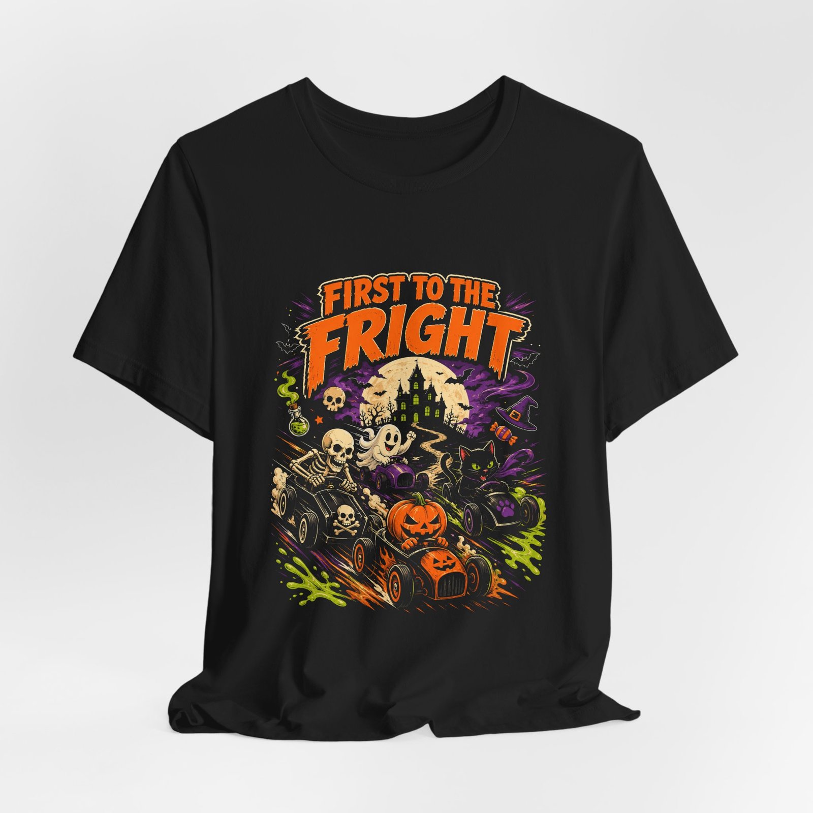 First To The Fright Halloween Hot Race Skeleton Graphic Tee - Image 4