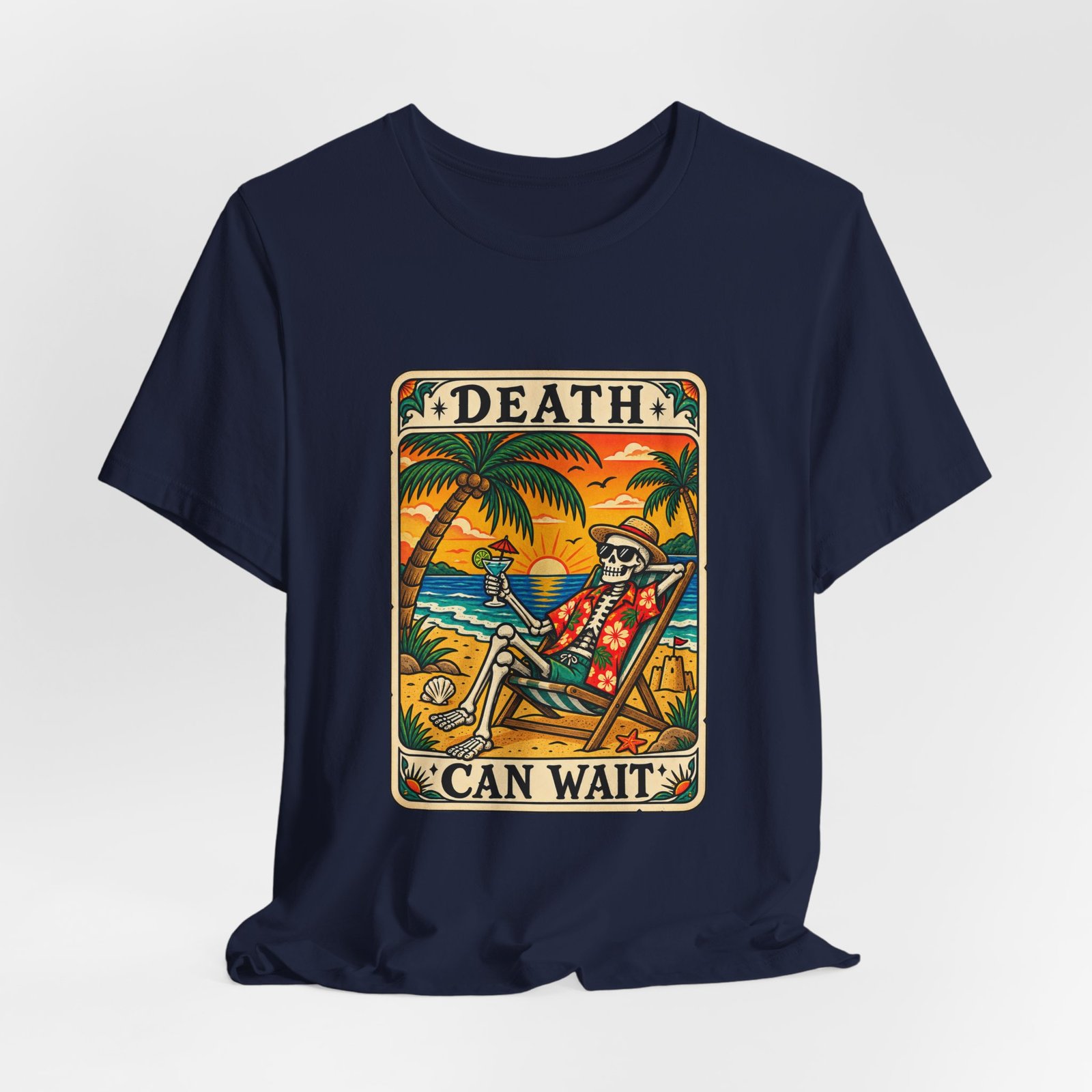Beach Vacation Skeleton Tarot Card Humor Graphic Tee - Image 24