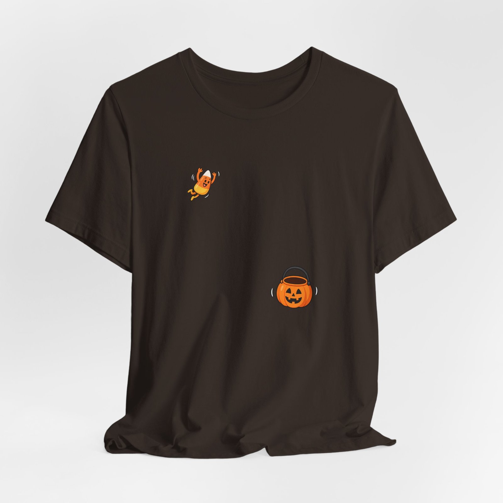 Candy Corn Jumping Into Pumpkin Bucket Halloween Graphic Tee - Image 4
