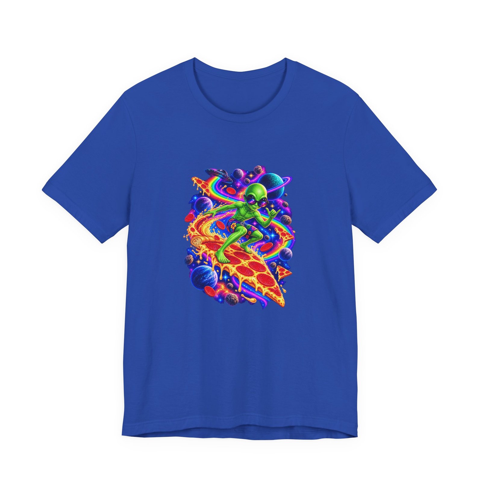 Cosmic Alien Pizza Surfer Graphic Tee - Image 29
