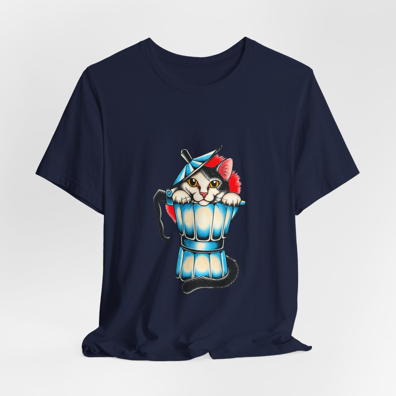Cute Cat In Blue Moka Pot Coffee Lover Art Graphic Tee - Image 36