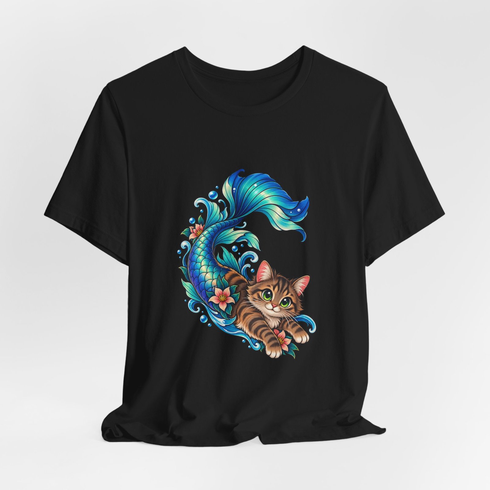 Cute Mermaid Cat Turquoise Tail Ocean Flowers Graphic Tee - Image 16
