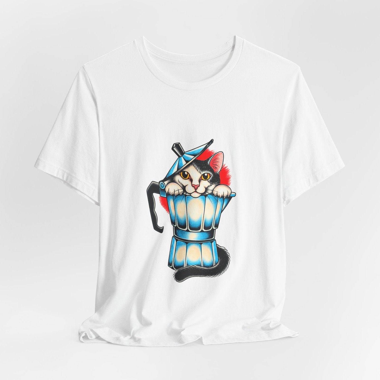 Cute Cat In Blue Moka Pot Coffee Lover Art Graphic Tee - Image 4