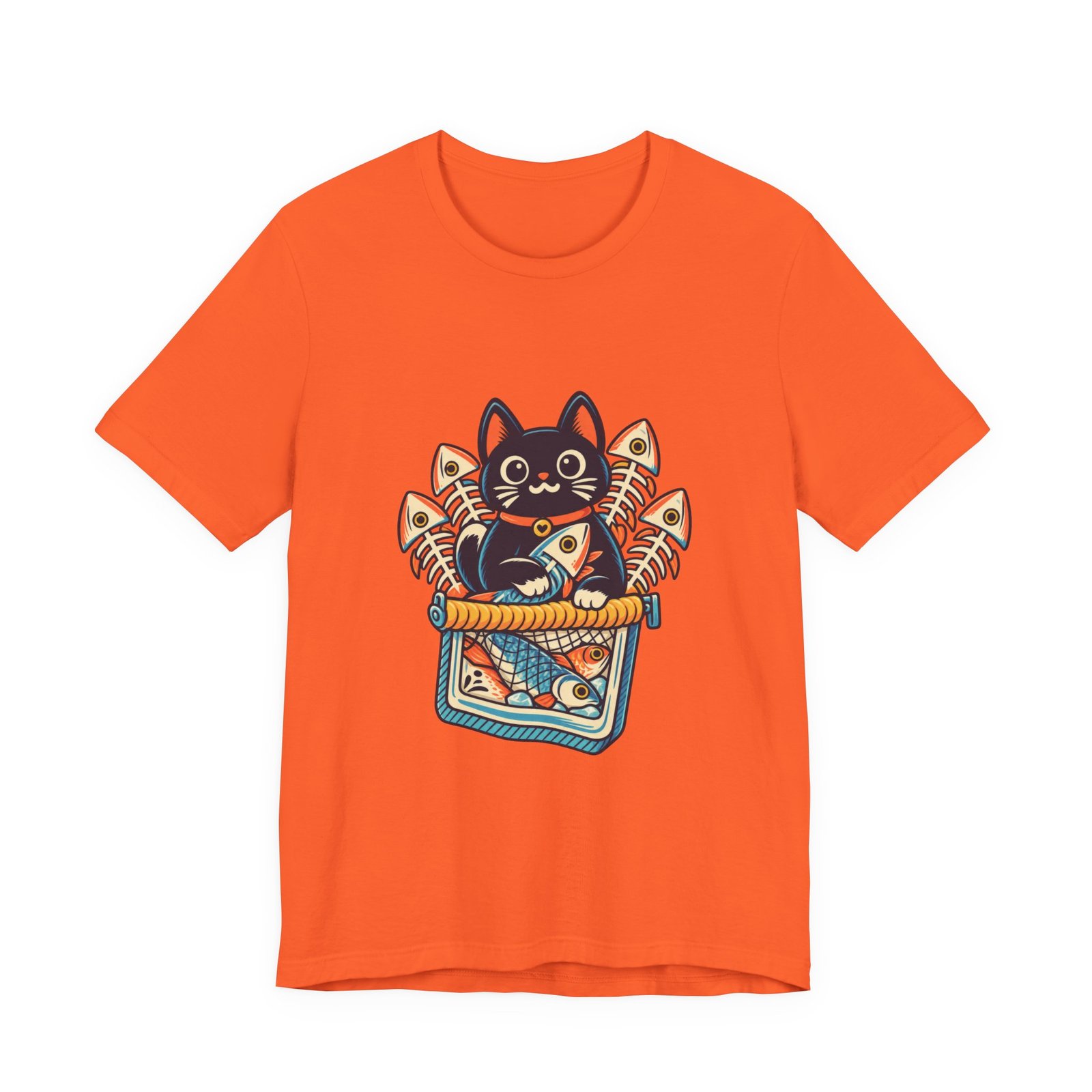 Cute Cat Sardine Fish Crate Cartoon Graphic Tee - Image 5