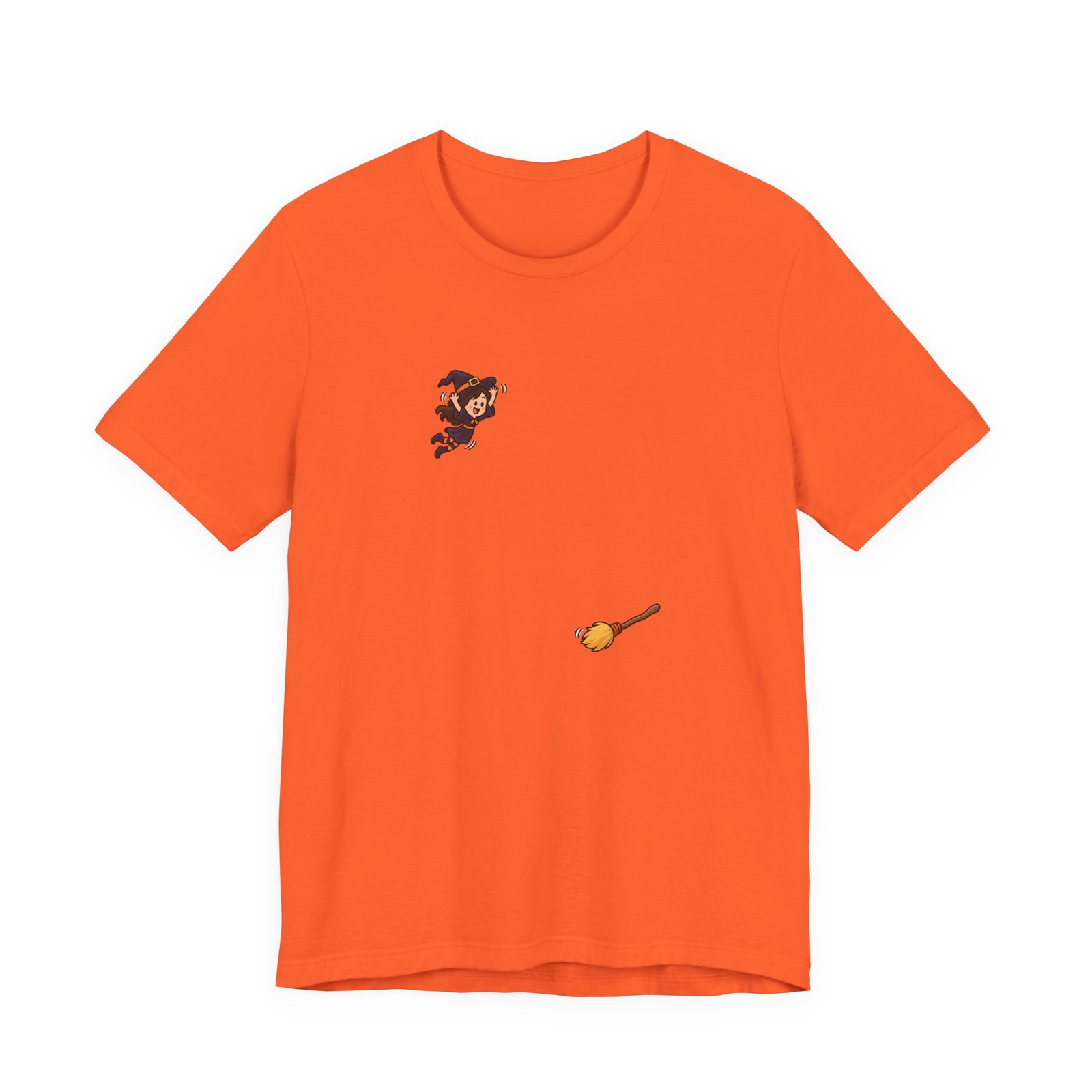 Playful Halloween Witch Jumping Onto Broom Graphic Tee - Image 5