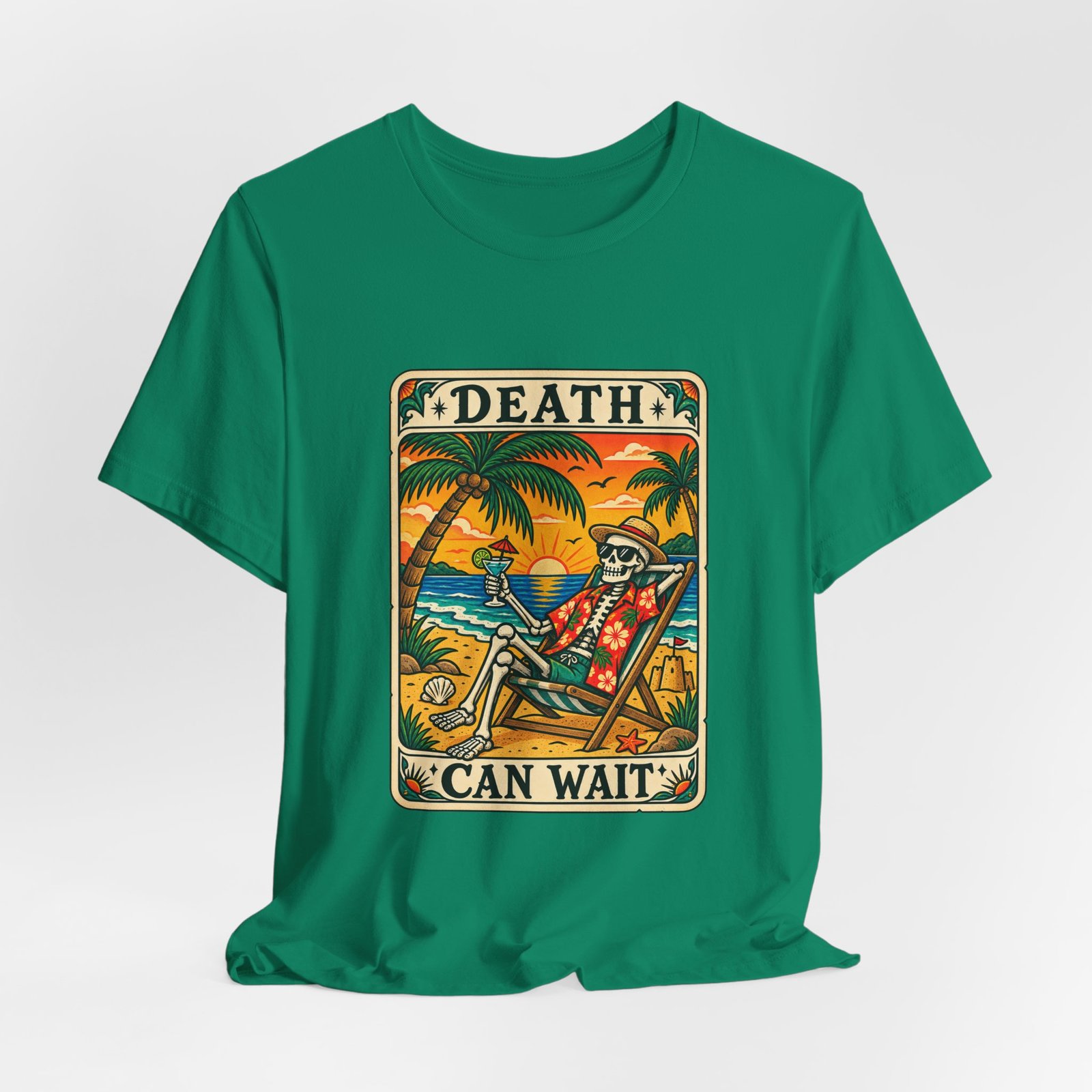 Beach Vacation Skeleton Tarot Card Humor Graphic Tee - Image 16