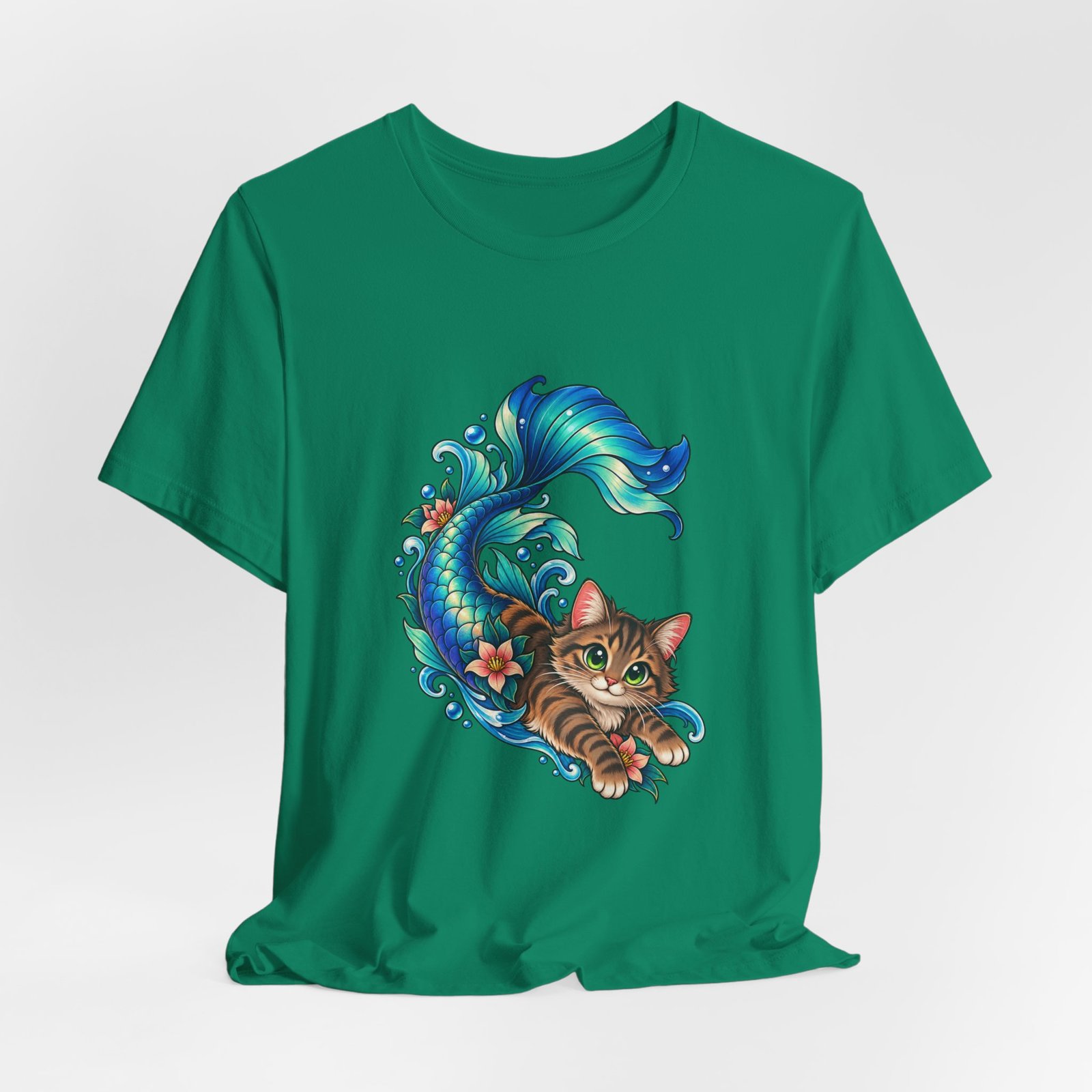 Cute Mermaid Cat Turquoise Tail Ocean Flowers Graphic Tee - Image 28