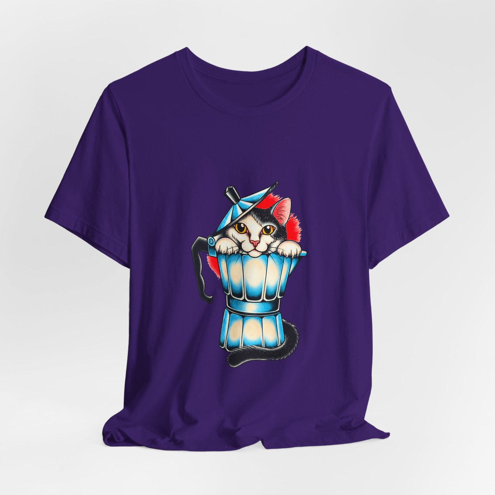 Cute Cat In Blue Moka Pot Coffee Lover Art Graphic Tee - Image 40