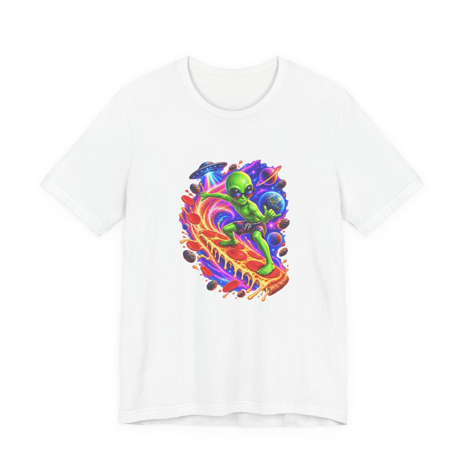 Alien Pizza Space Surfer Graphic Tee