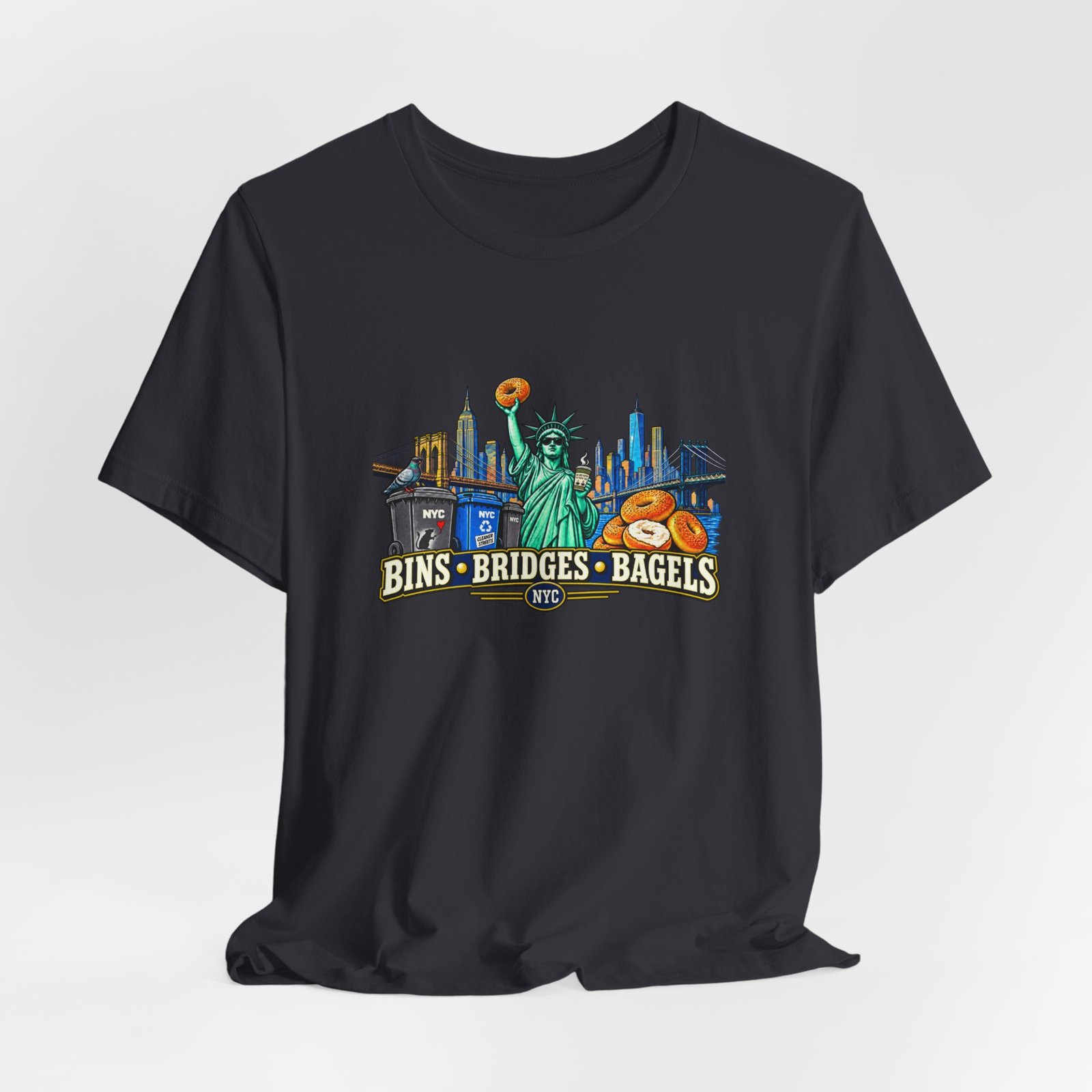 NYC Cleaner Streets Liberty Bagels Bridges Bins Graphic Tee - Image 24