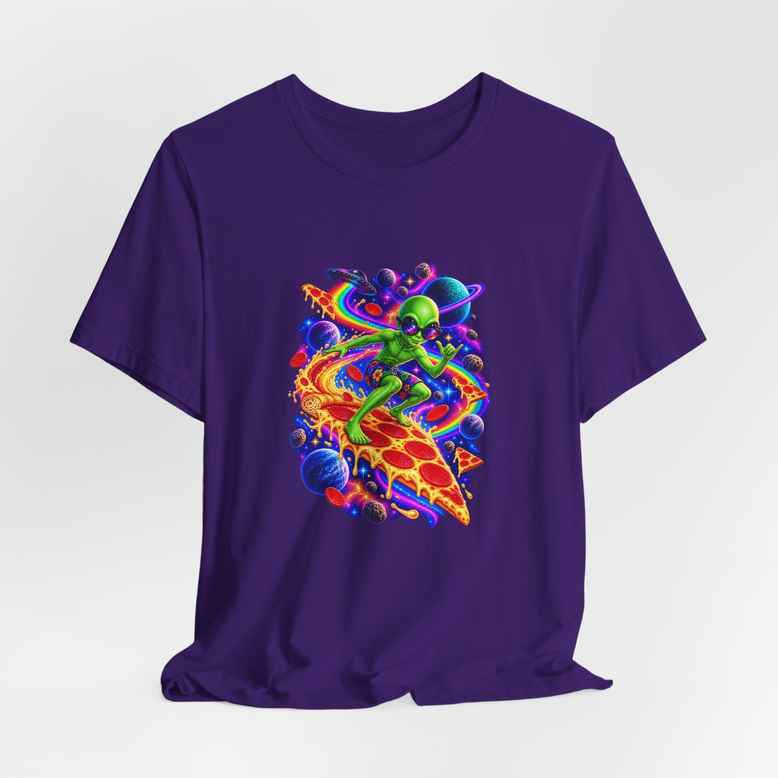 Cosmic Alien Pizza Surfer Graphic Tee - Image 40