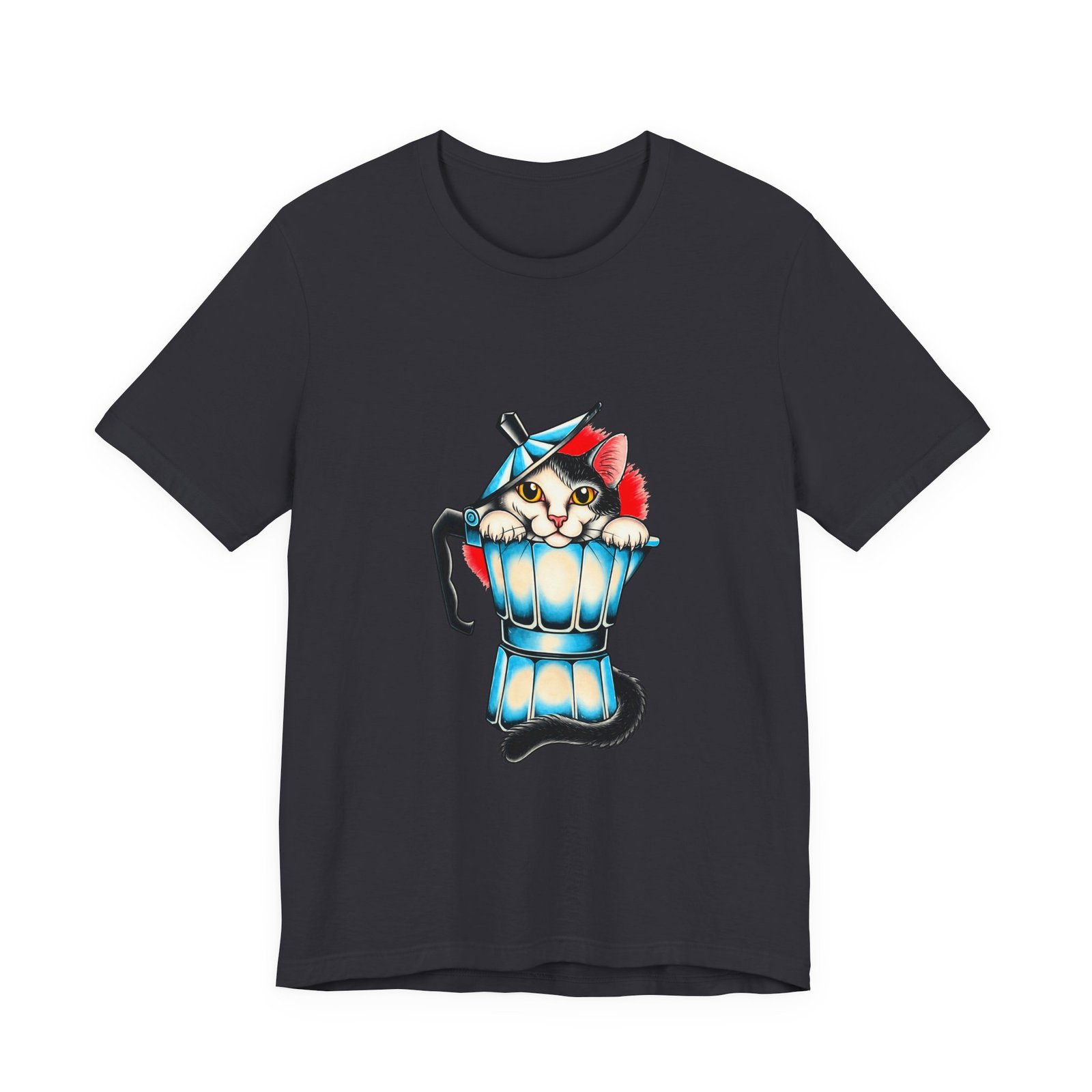 Cute Cat In Blue Moka Pot Coffee Lover Art Graphic Tee - Image 21