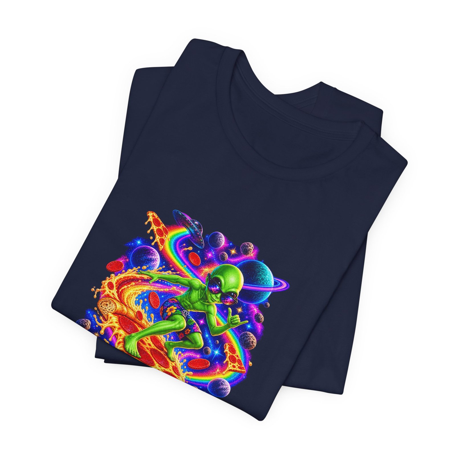Cosmic Alien Pizza Surfer Graphic Tee - Image 35