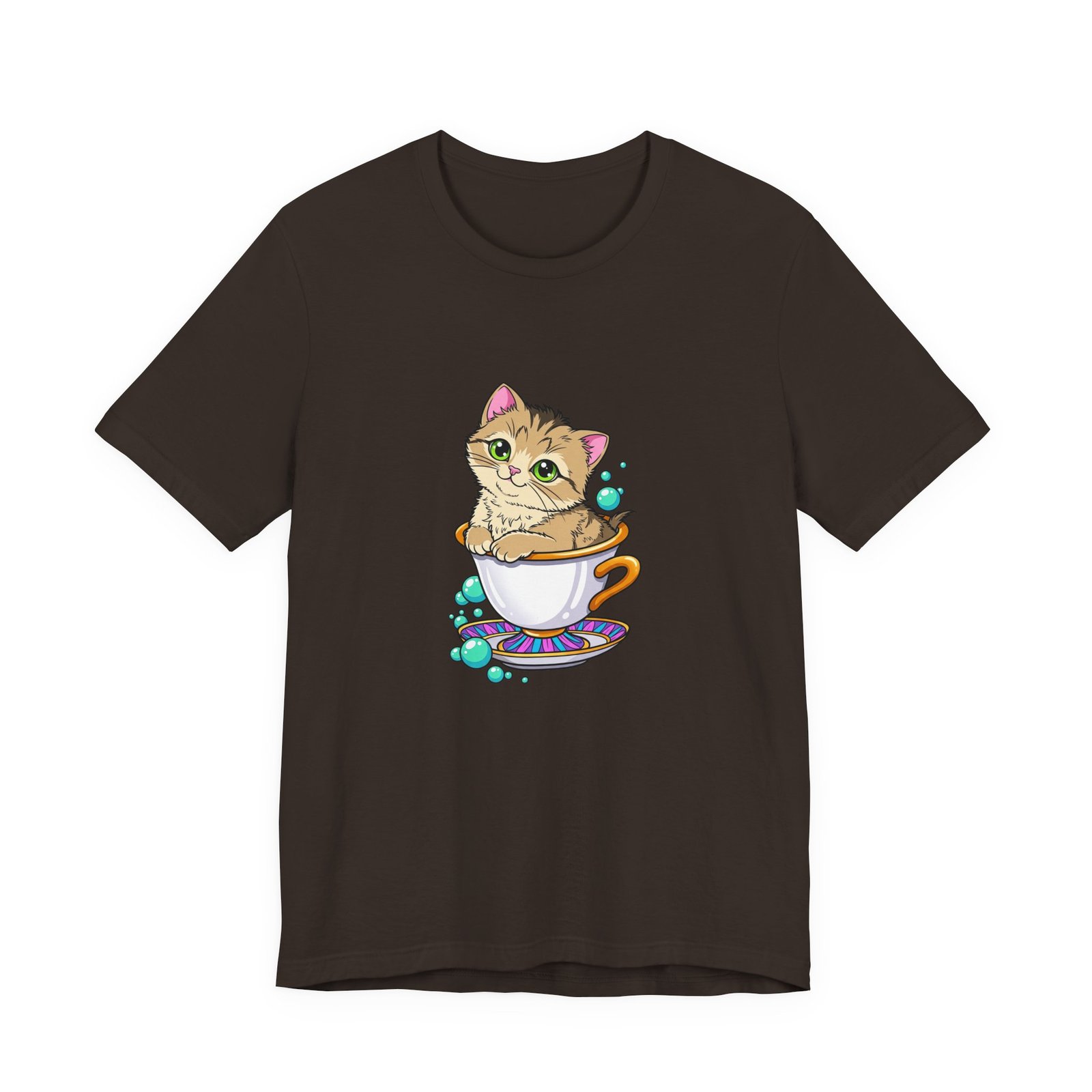 Cute Green Eyed Kitten in Teacup with Blue Bubbles